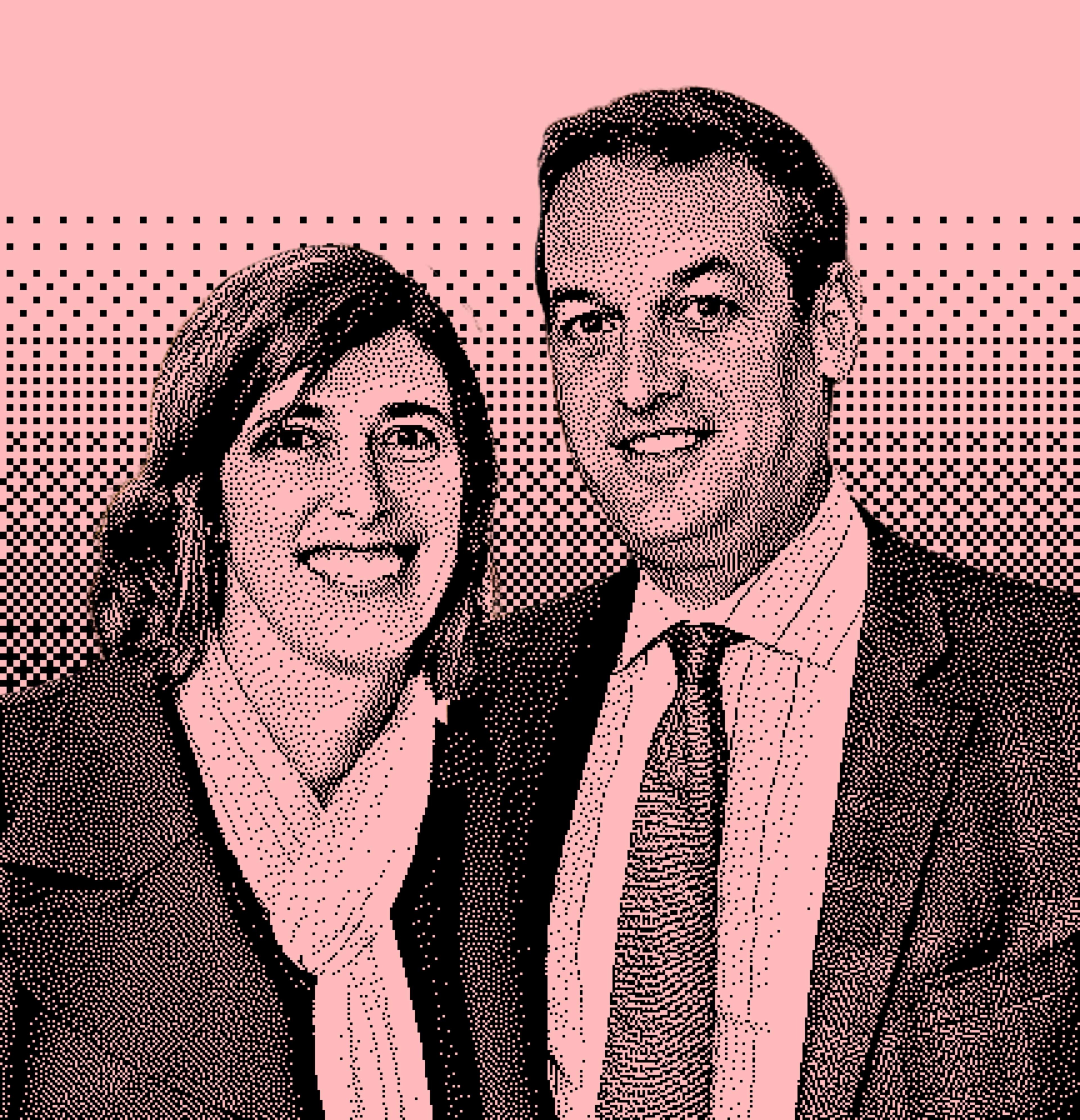 A stylized pink-tinted image of a smiling couple in formal attire. The background features a dotted pattern, adding a textured effect.