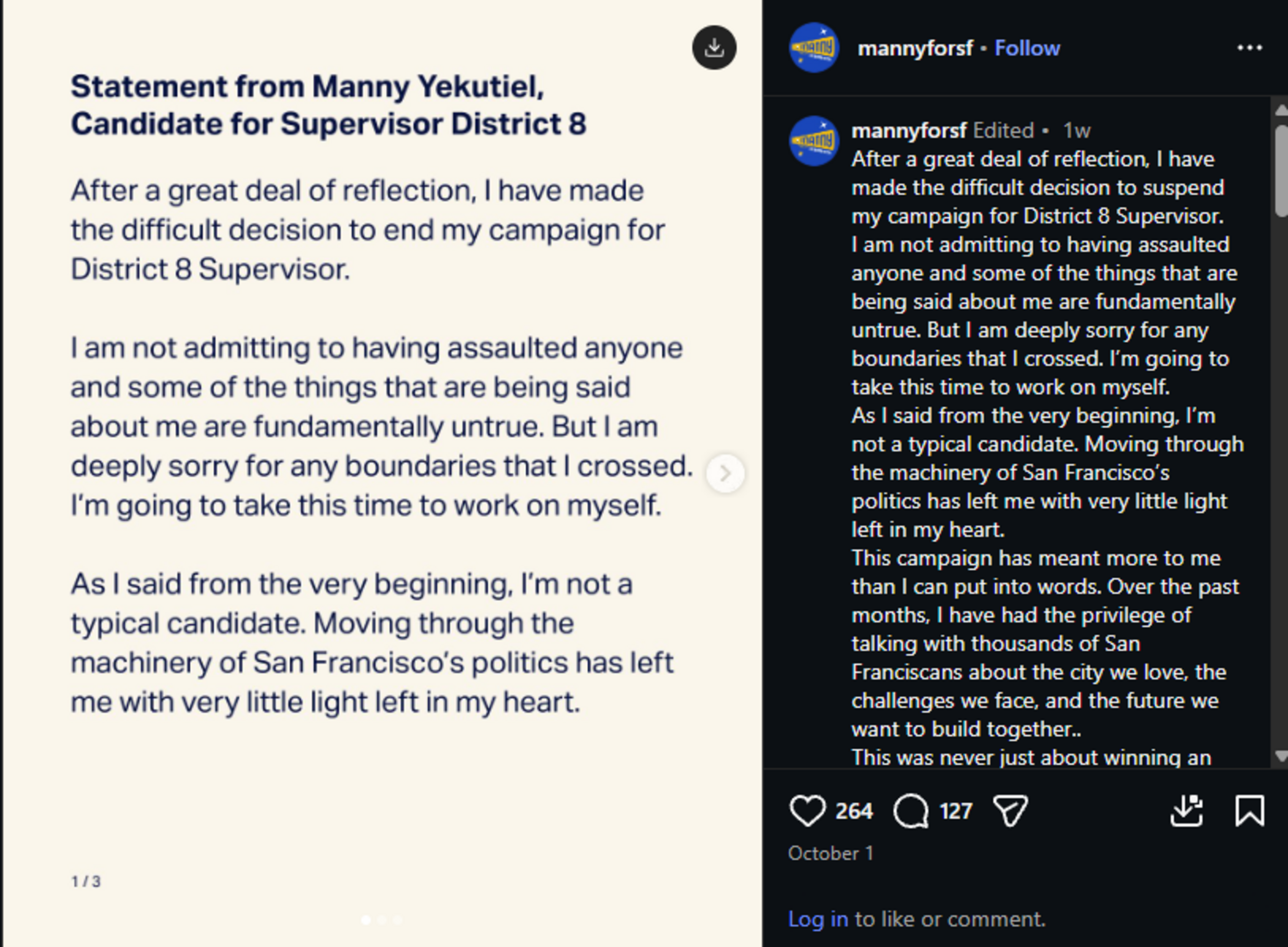 Manny Yekutiel announces ending his District 8 Supervisor campaign, denies assault claims, apologizes for crossed boundaries, and reflects on San Francisco poli