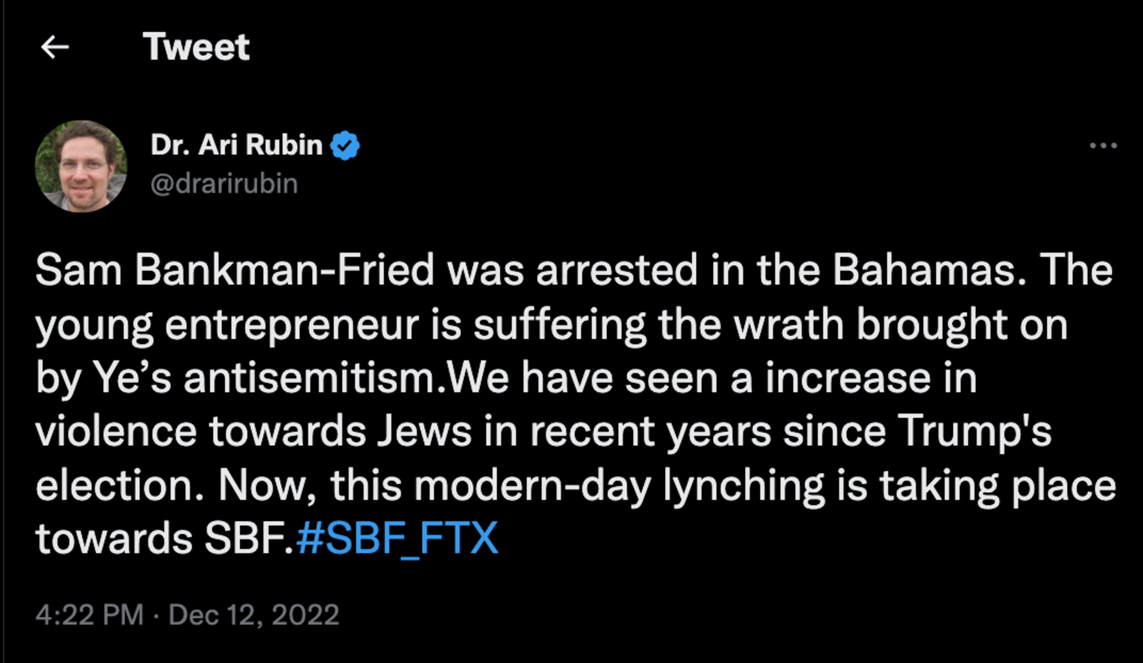 Sam Bankman-Fried’s arrest in the Bahamas is linked to rising antisemitism and violence against Jews, worsened since Trump’s election, described as modern-day lynching.