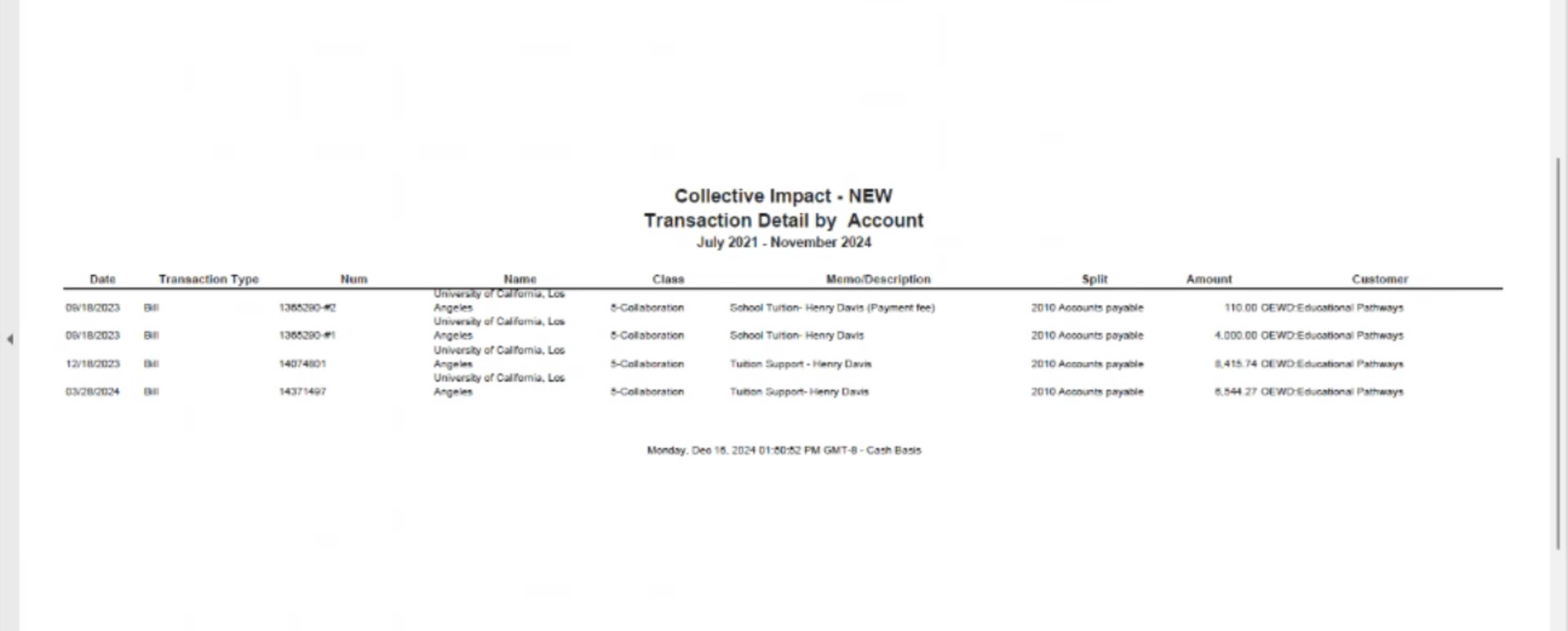 A transaction detail report lists five billing entries from July 2021 to November 2024 for the University of California, Los Angeles, all tagged as S-Collaboration.