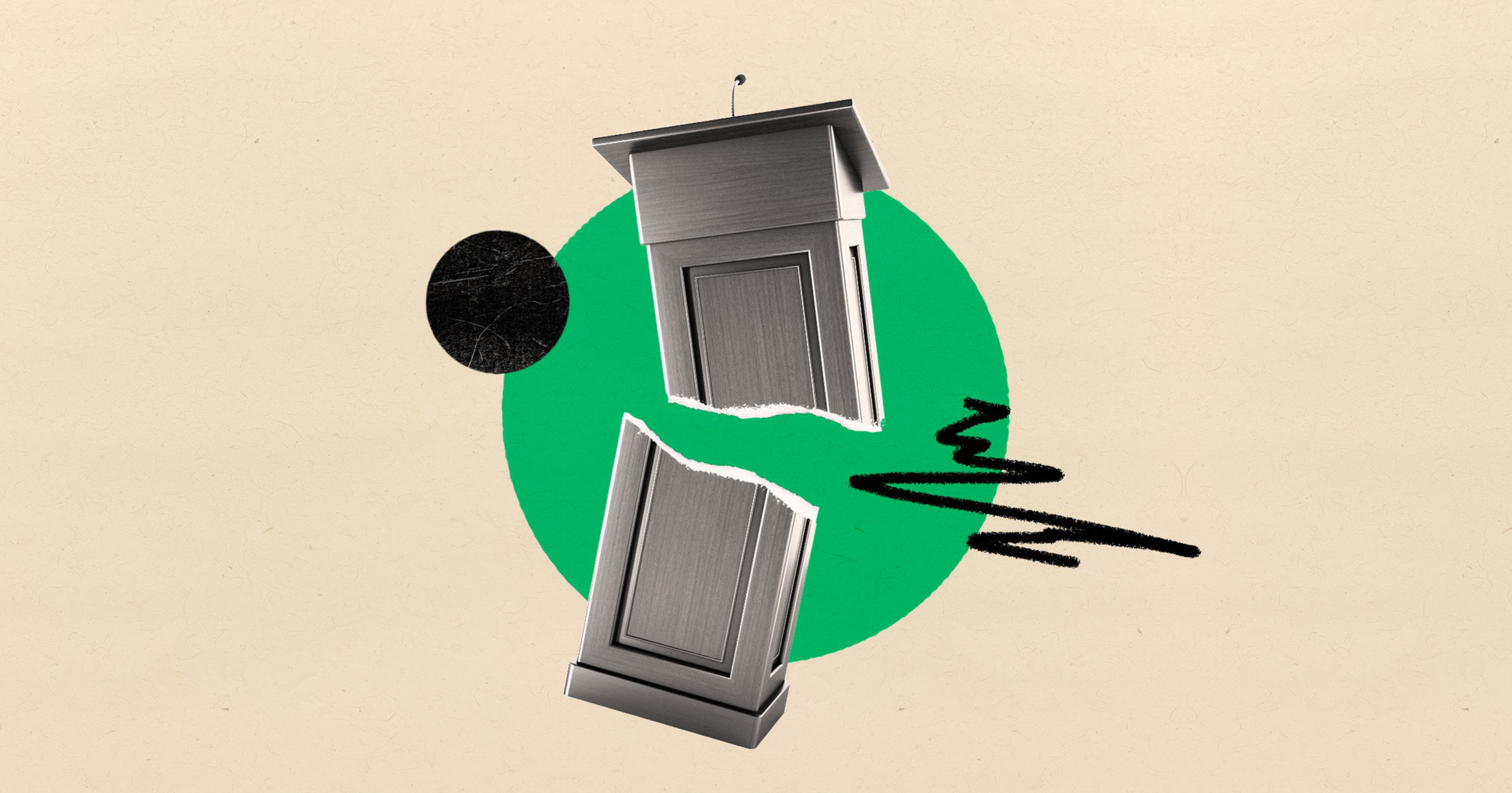 A wooden podium is split into two pieces with a green circle behind it, a black circle to the left, and a black scribble to the right.