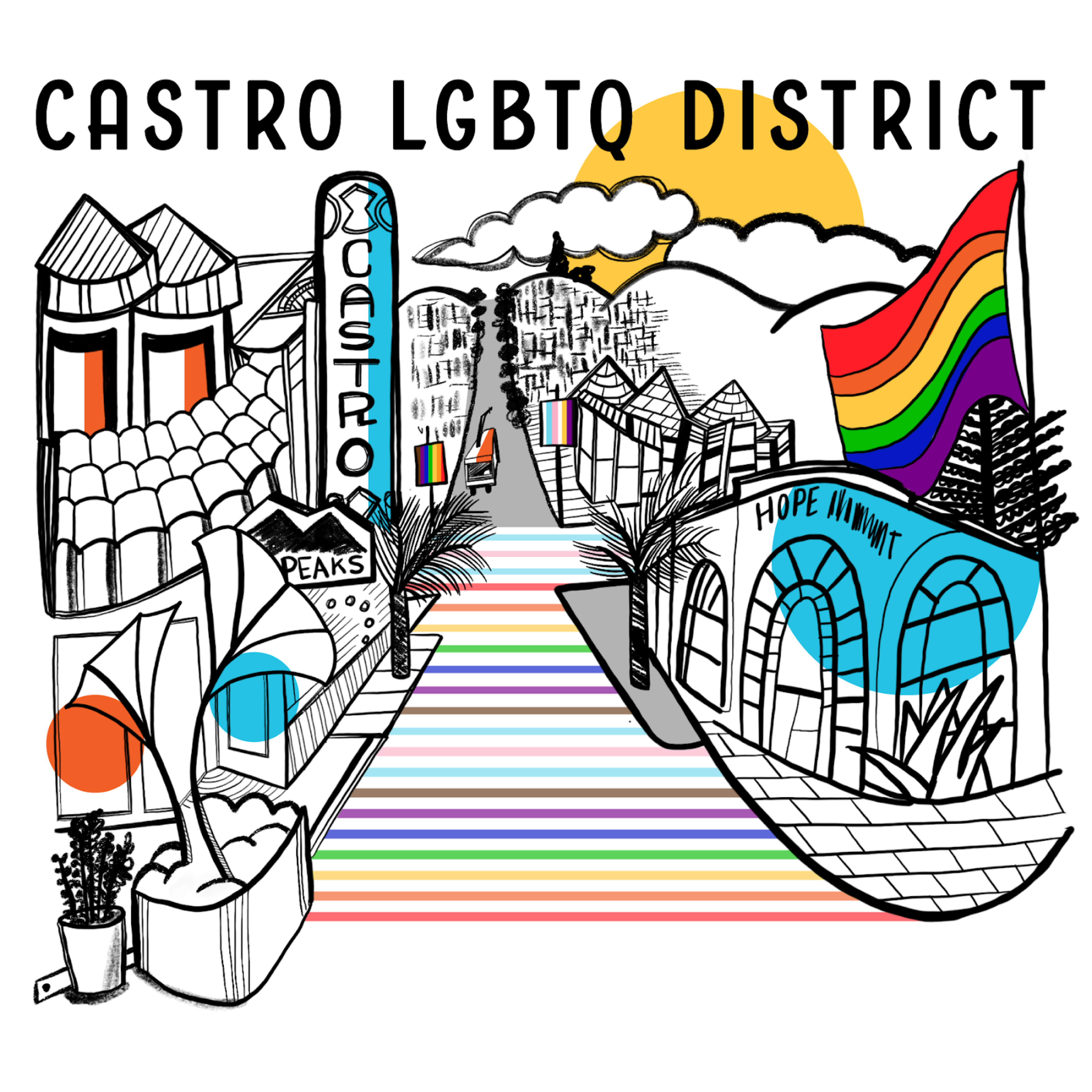 A colorful street in the Castro LGBTQ District features rainbow stripes on the road, a large rainbow flag, the Castro sign, and buildings with Pride flags.