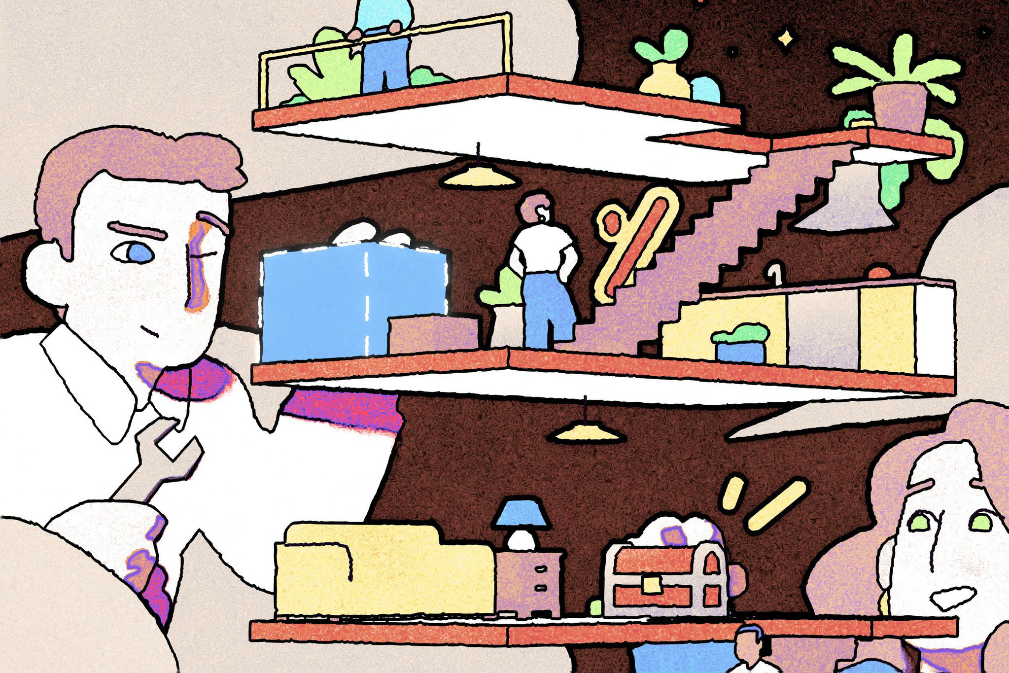 A multi-level household with people, plants, furniture, and an escalator, shown in a cartoon style with a man holding a wrench in the foreground.