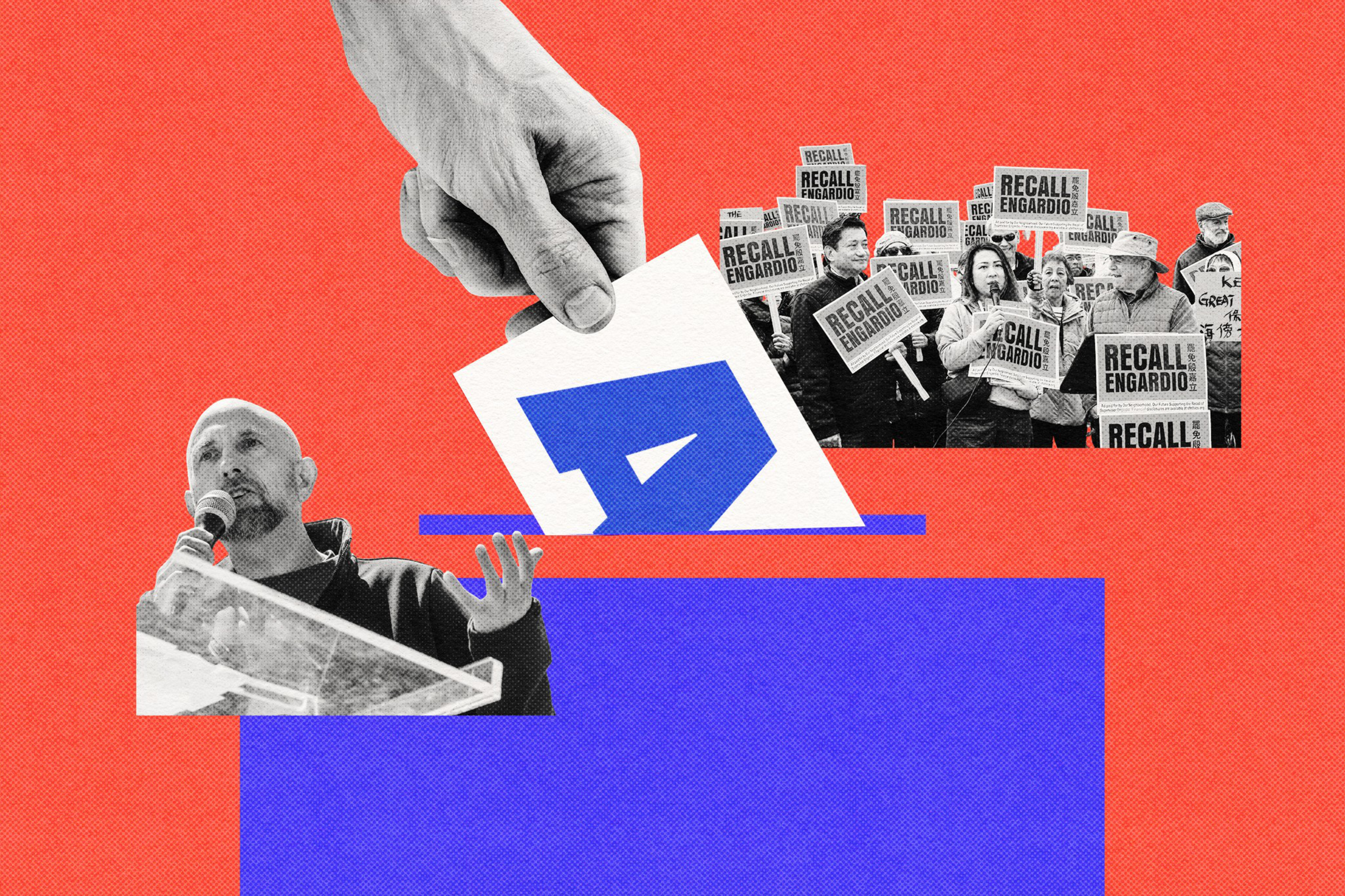 A hand places a ballot with a large "A" into a blue box, while a man speaks at a podium and a crowd holds "Recall Engardio" protest signs.