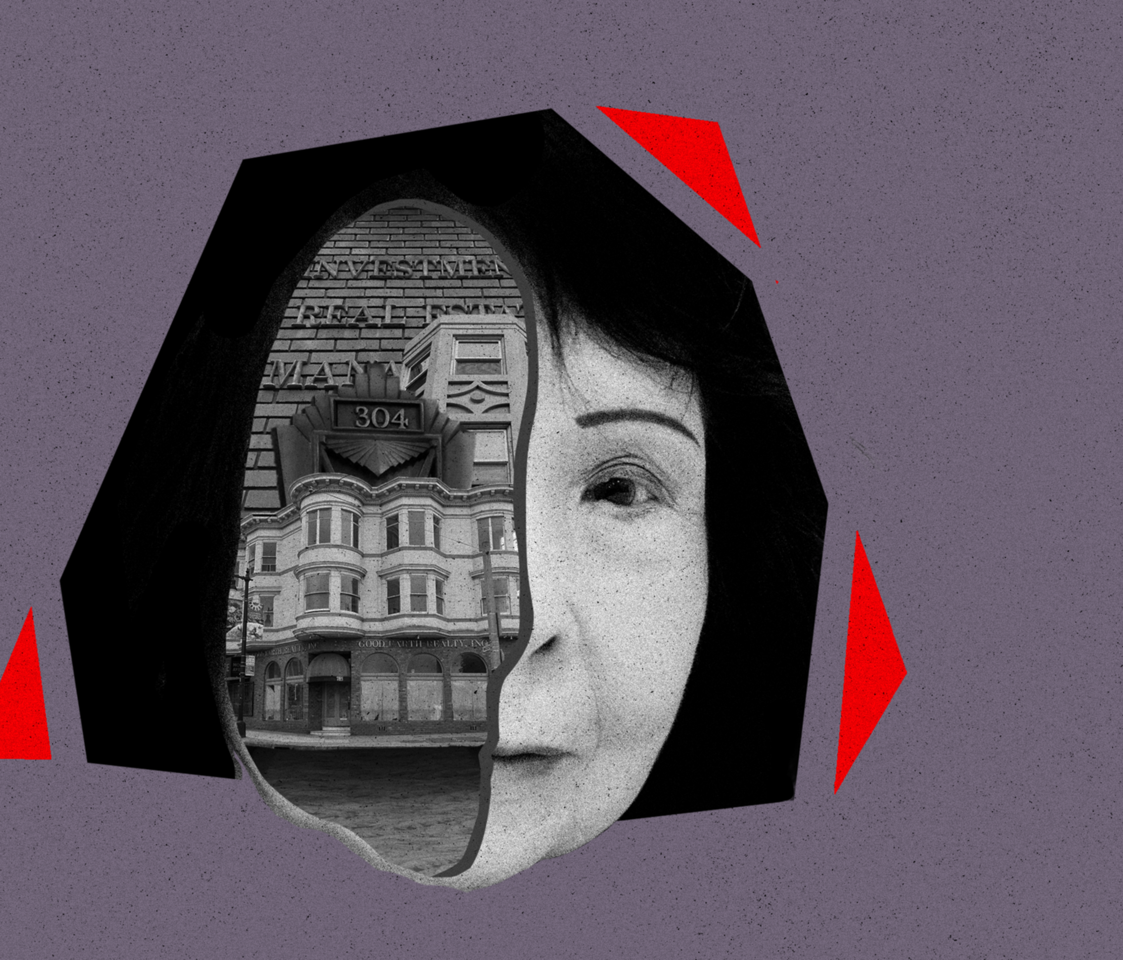 A photo illustration of a woman and a building