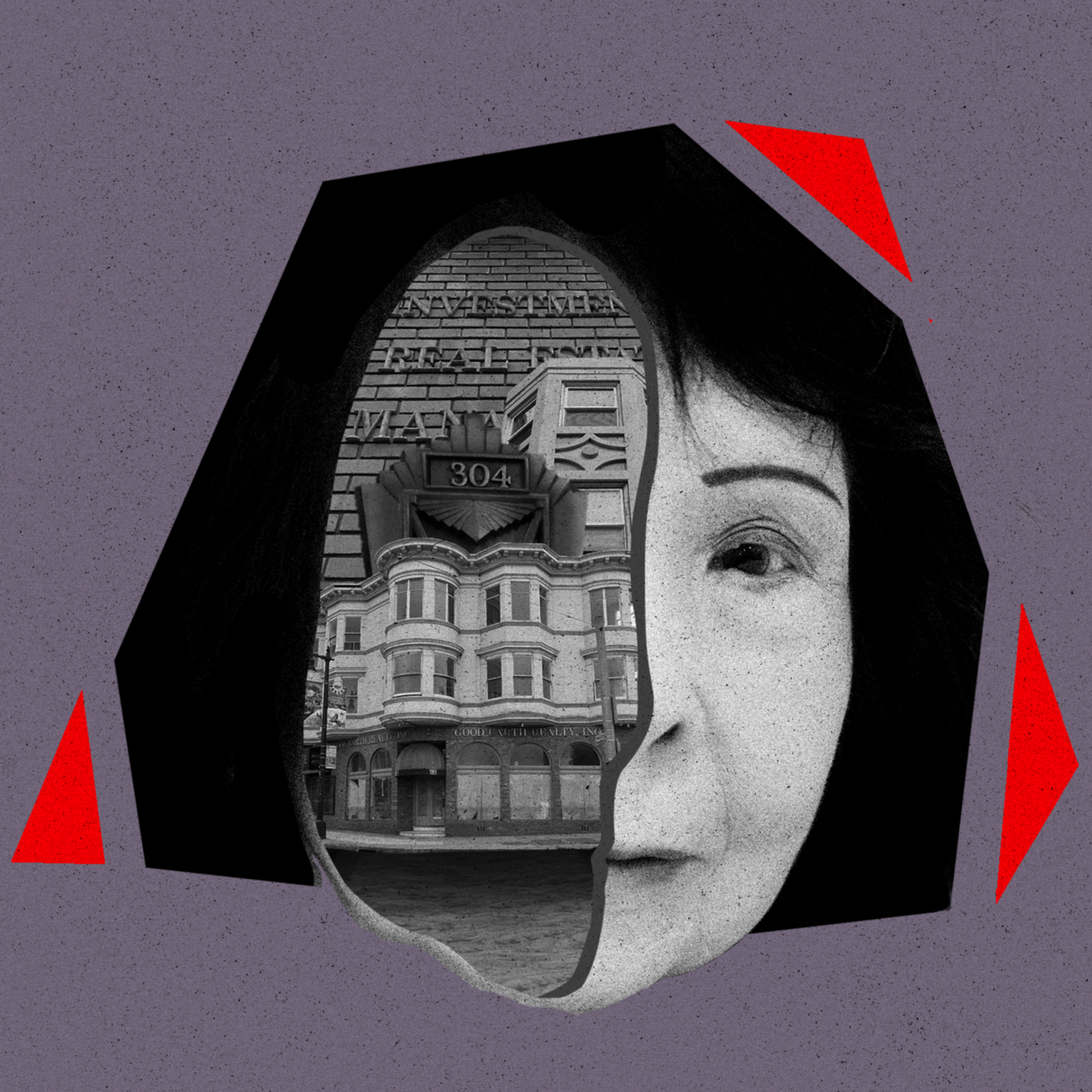 A photo illustration of a woman and a building