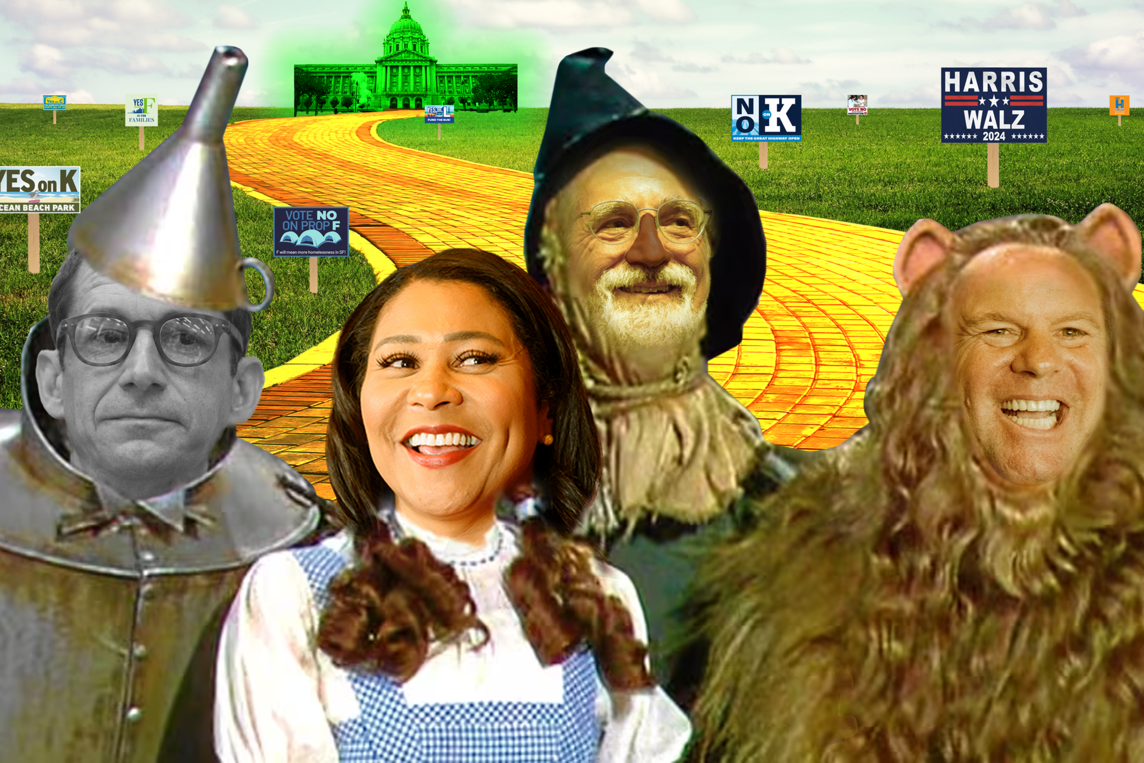 The image depicts four characters resembling the Tin Man, Dorothy, the Scarecrow, and the Cowardly Lion on a yellow brick road, with campaign signs in the background.