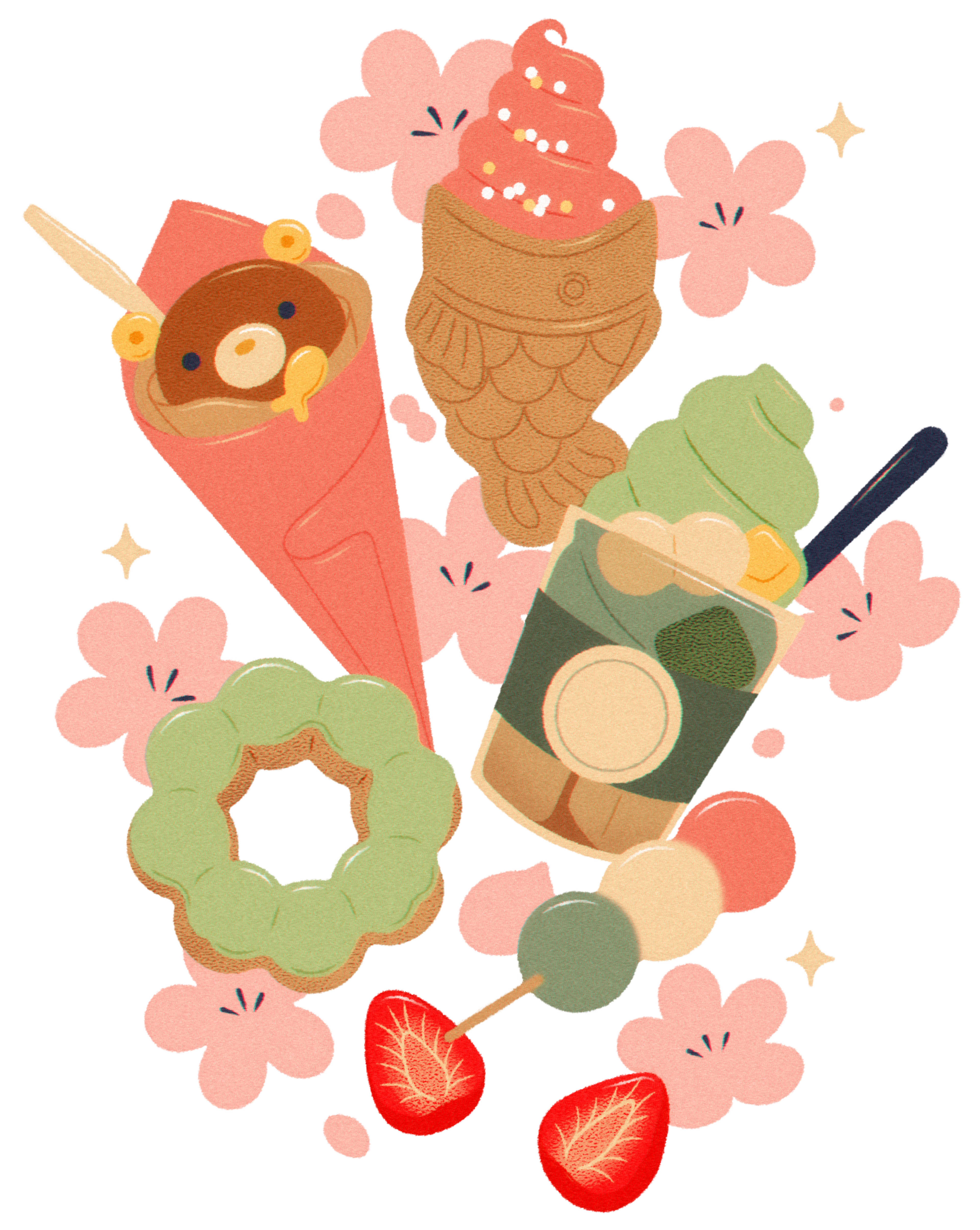 A collection of Japanese-themed sweets, including a bear-shaped crepe, taiyaki with pink ice cream, matcha bubble tea, green mochi donut, and strawberry dango skewers.