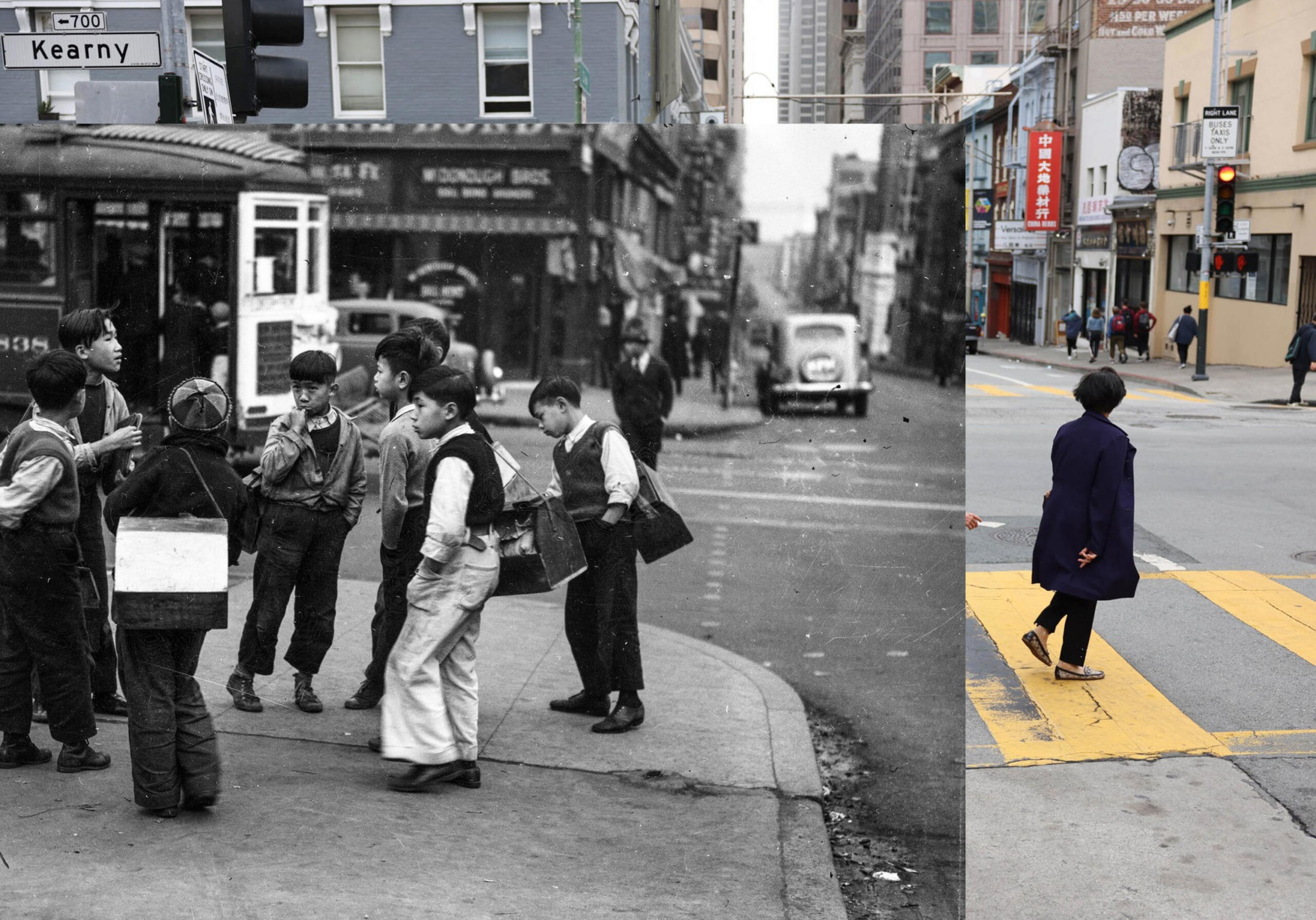 A group of boys in vintage clothing stand on a sidewalk in black and white, next to a modern color street scene with a pedestrian crossing.