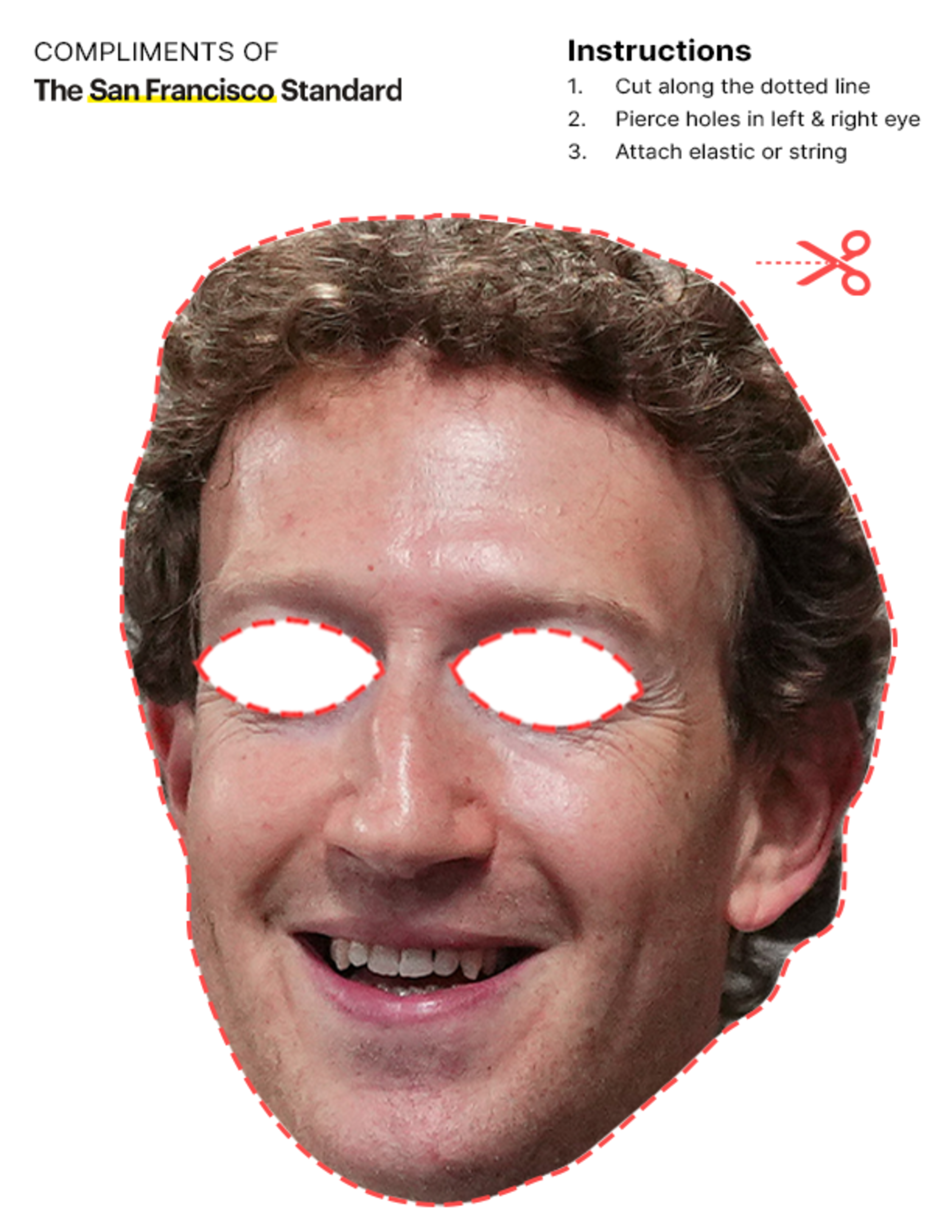 This is a cut-out face mask template with eye holes and dotted lines, featuring instructions for making a wearable mask from "The San Francisco Standard."