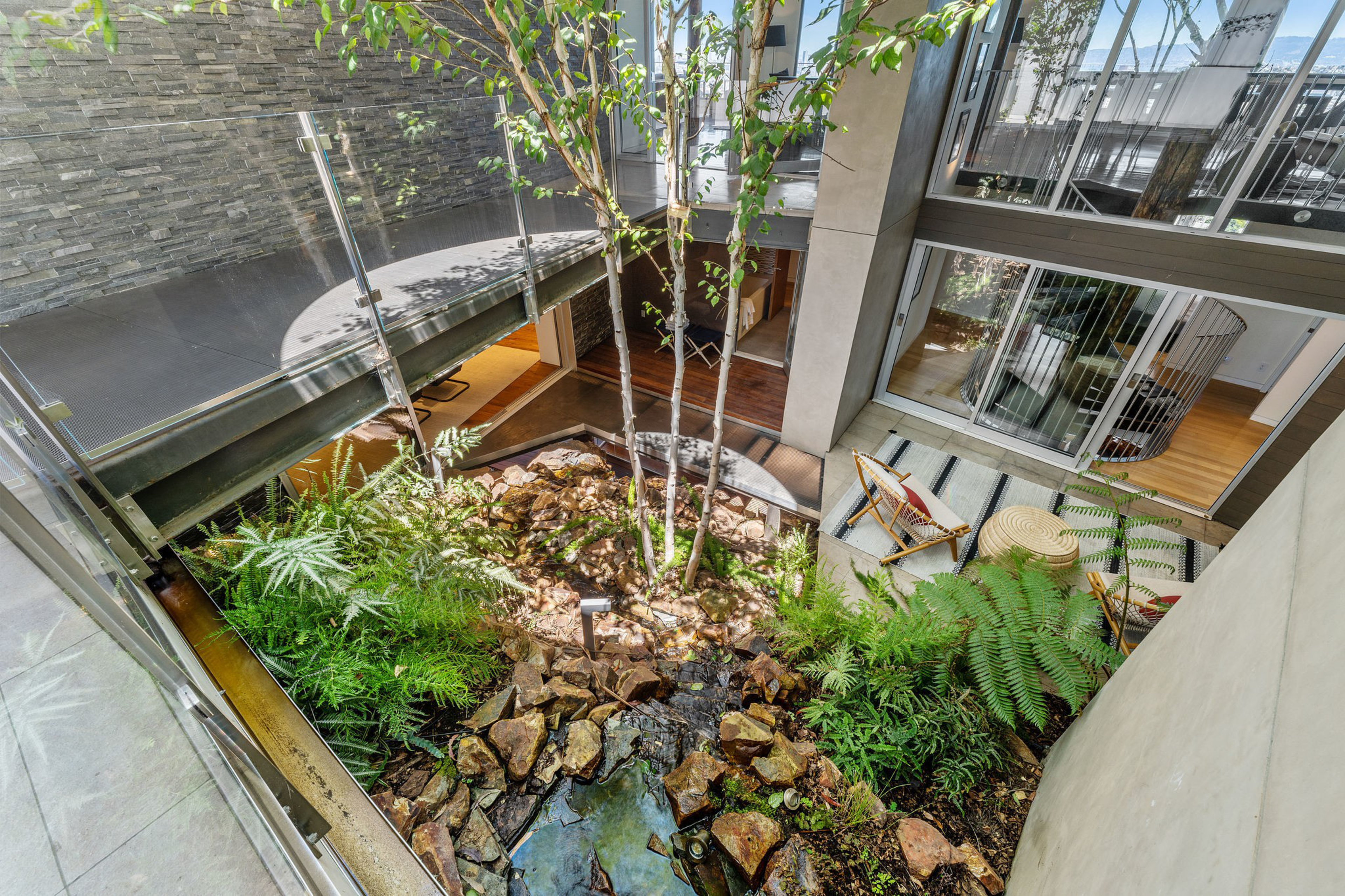 An indoor garden with ferns, small trees, and rocks surrounds a small water feature in the middle of a modern, open-plan home with glass walls.