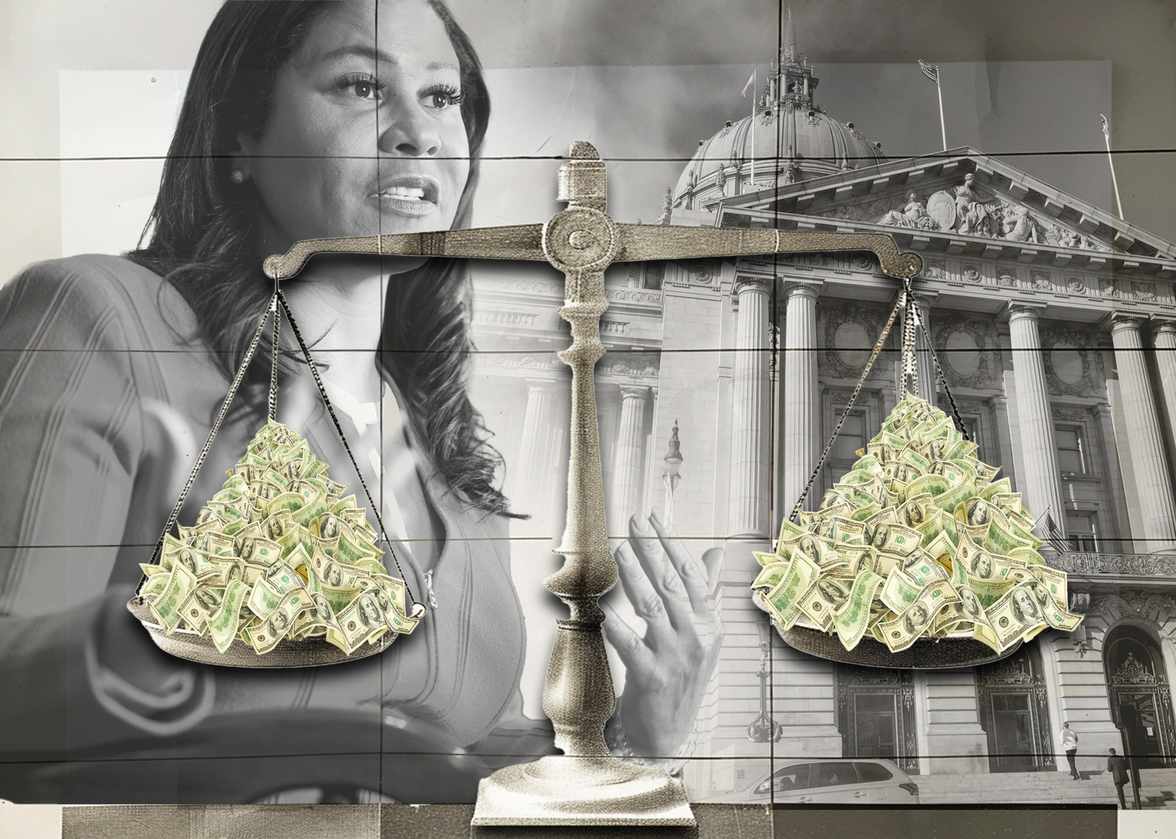 An illustration shows a woman next to city hall with a scale balancing money.
