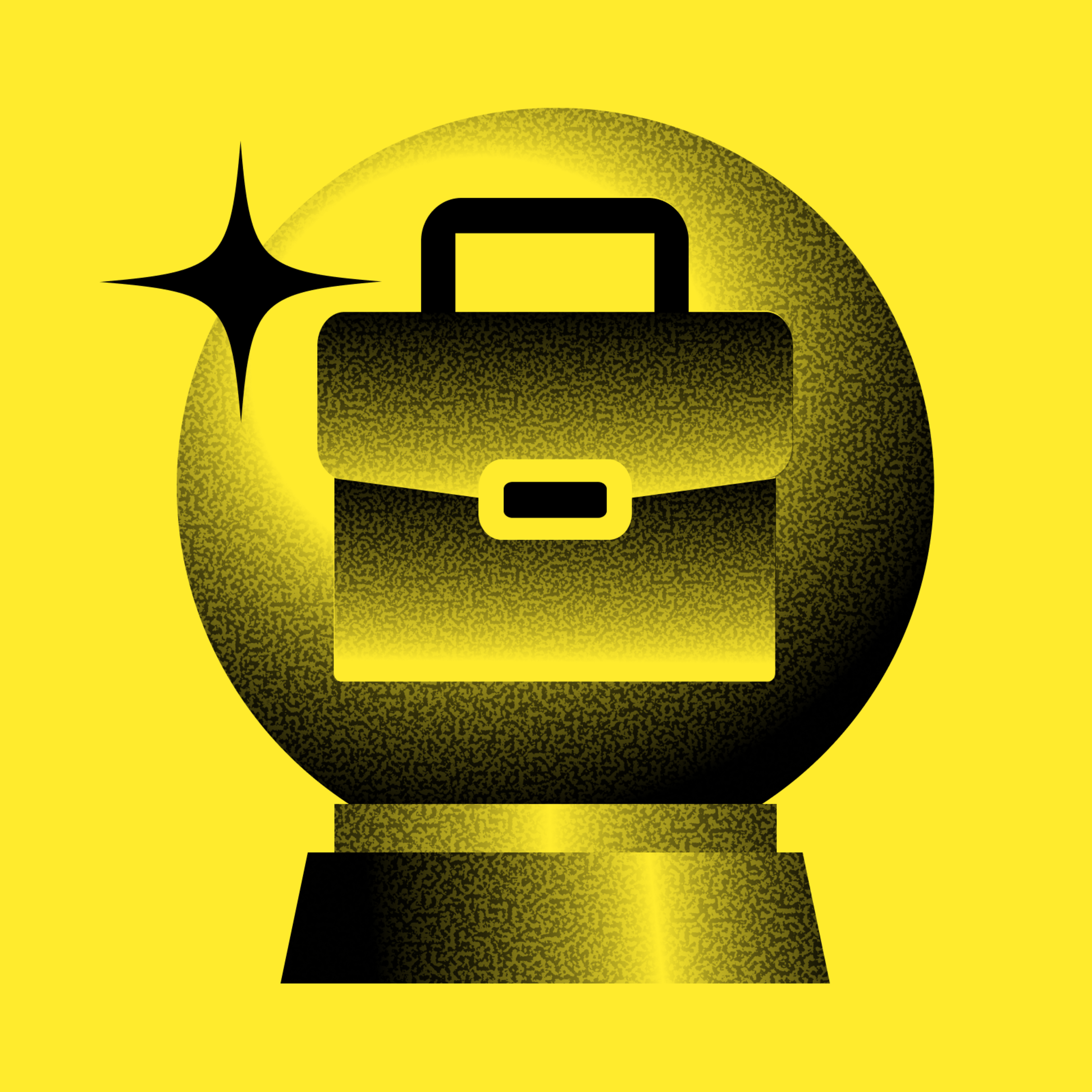 A black briefcase with a clasp is centered inside a shiny black and yellow snow globe on a bright yellow background.