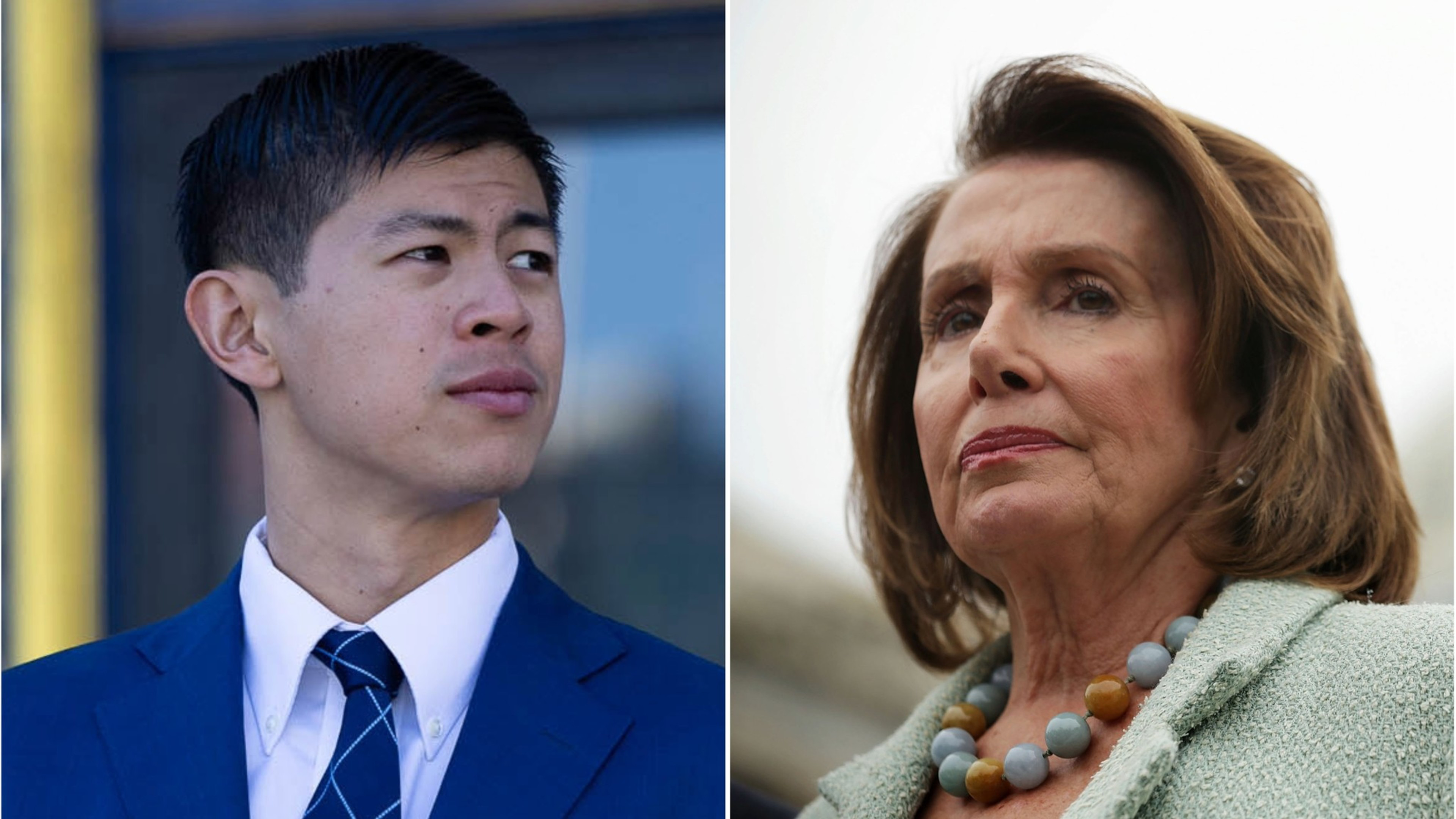 A split image of a young man in a blue suit on the left and an older woman in green on the right, both gazing to the side.