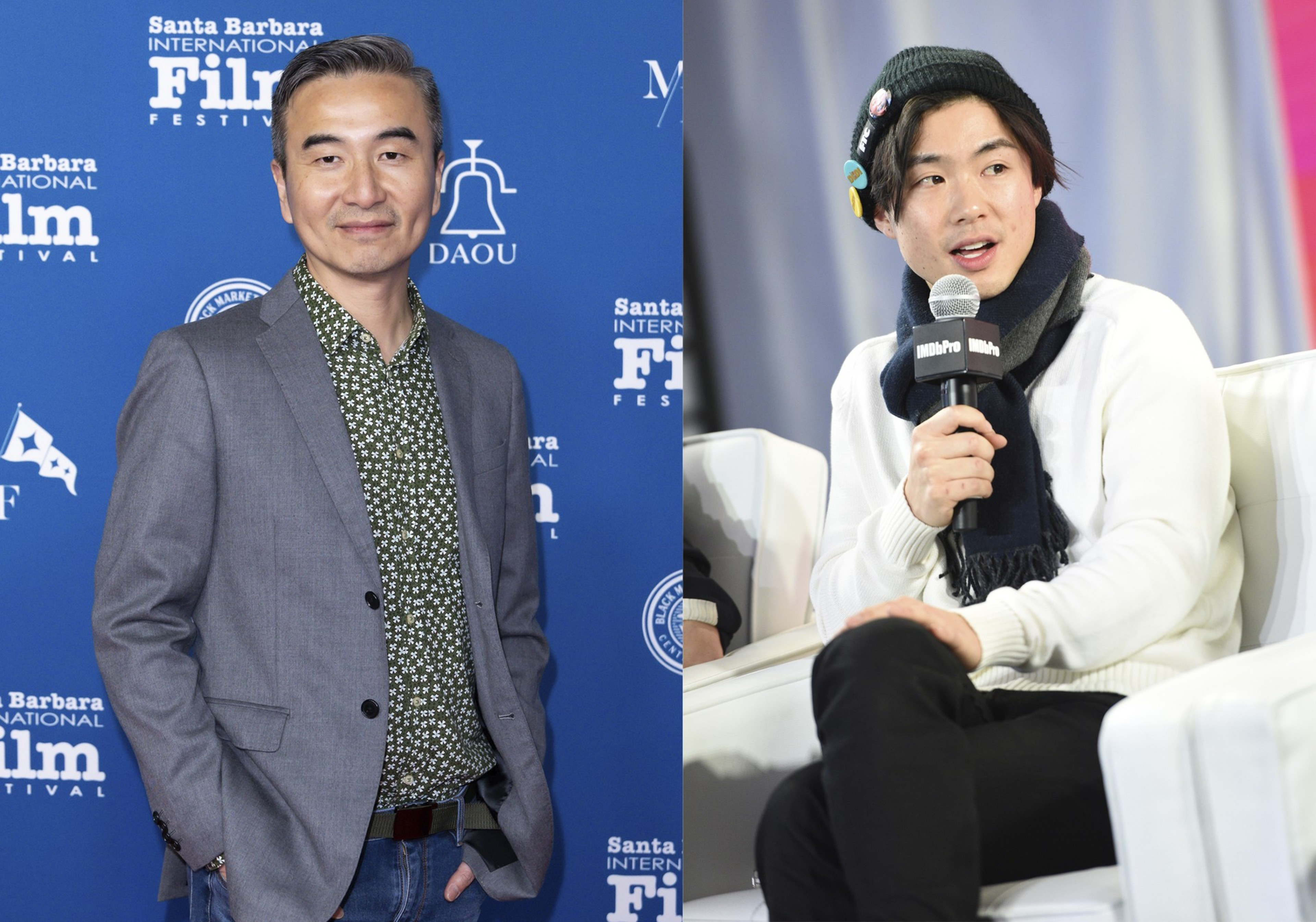 Two men at events: one in a gray suit and patterned shirt, the other in a casual outfit with a beanie, speaking into a microphone.
