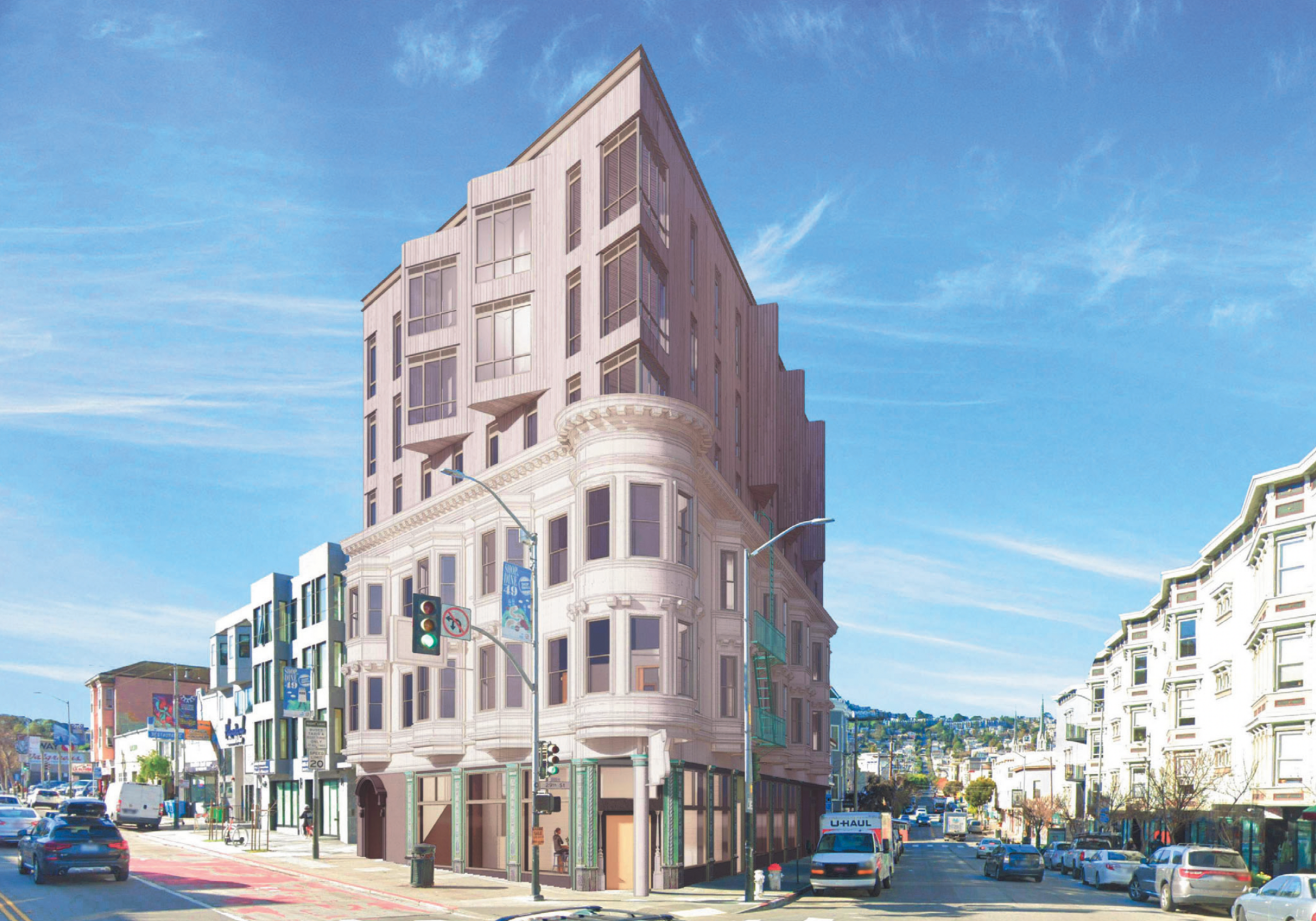 A rendering of a planned six-story affordable housing project at 3300 Mission Street in San Francisco. The building's bottom three stories is a pink, flatiron-style building that is triangular in shape with a rounded crown and bay windows and occupies the