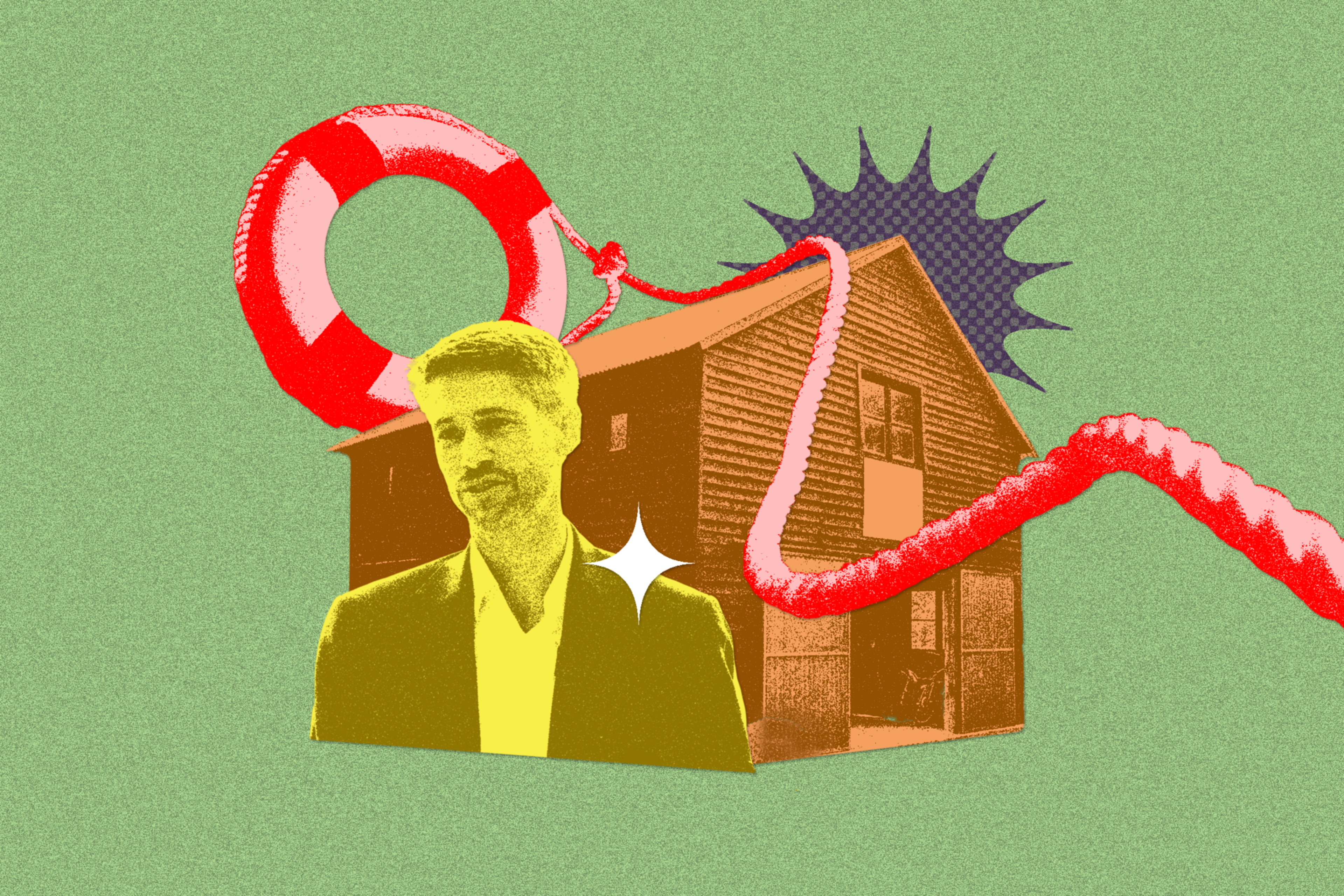 A photo illustration of a man and a house.