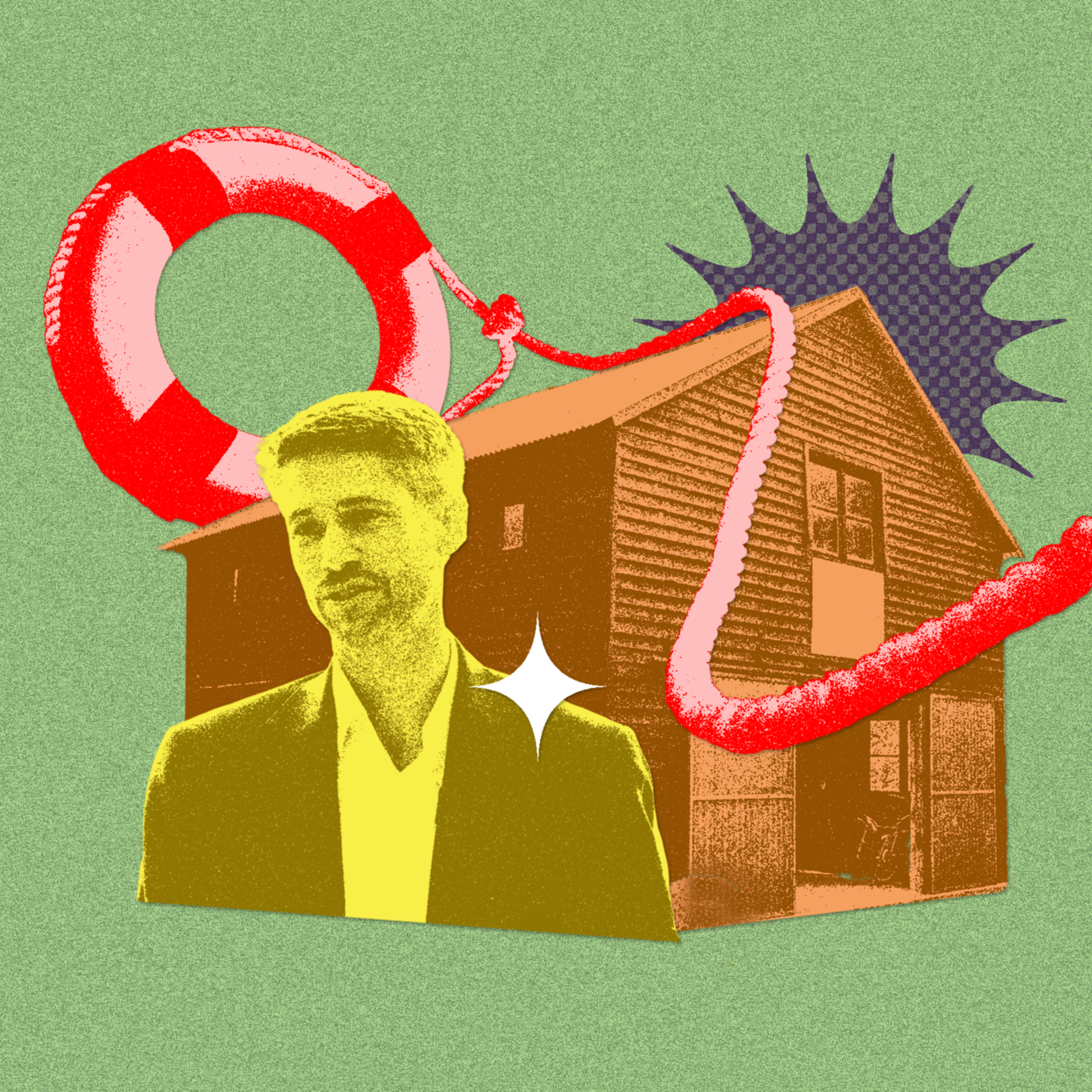 A photo illustration of a man and a house.