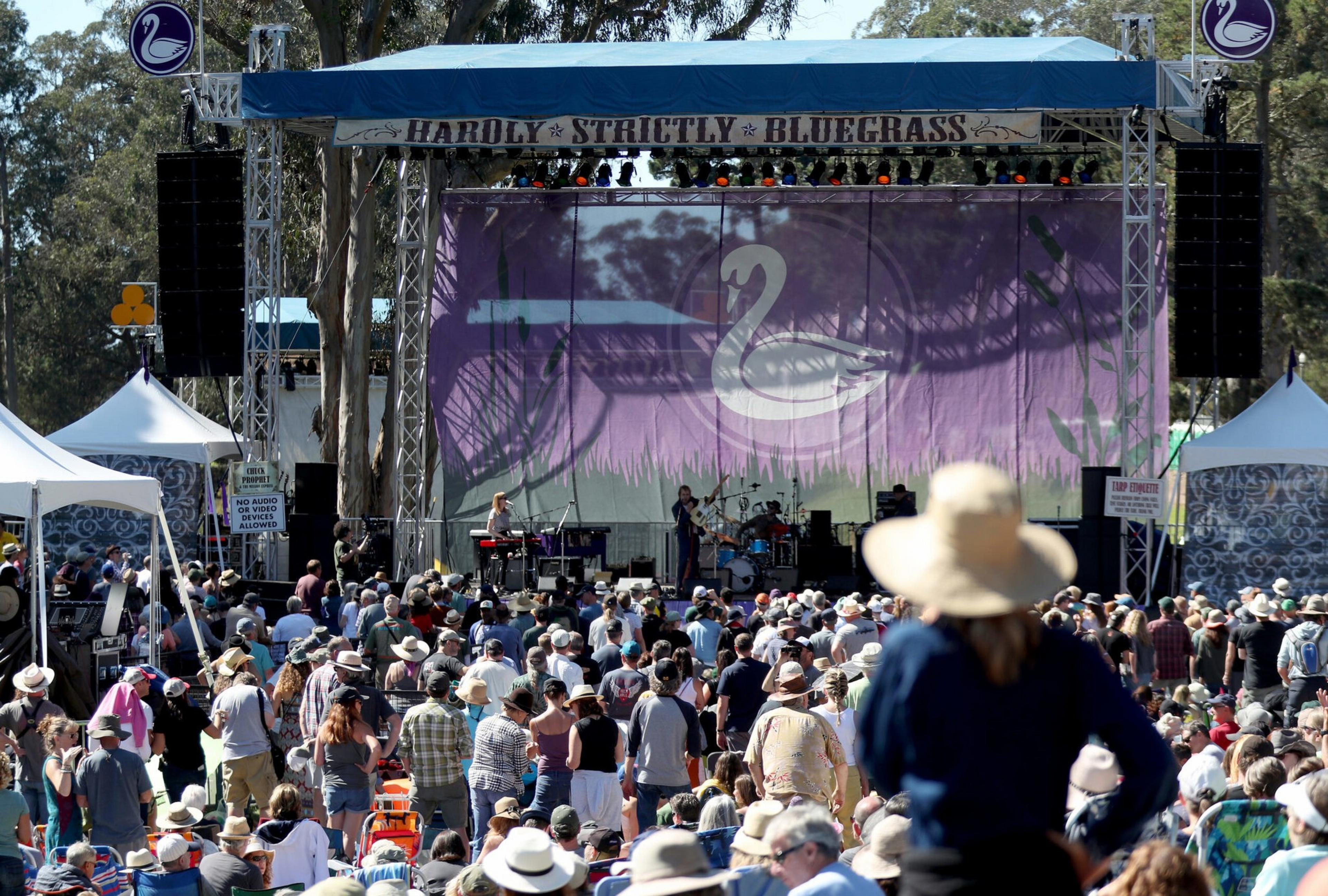 A large crowd watches a live band playing on a stage with a bluegrass banner and a purple backdrop featuring a swan logo.
