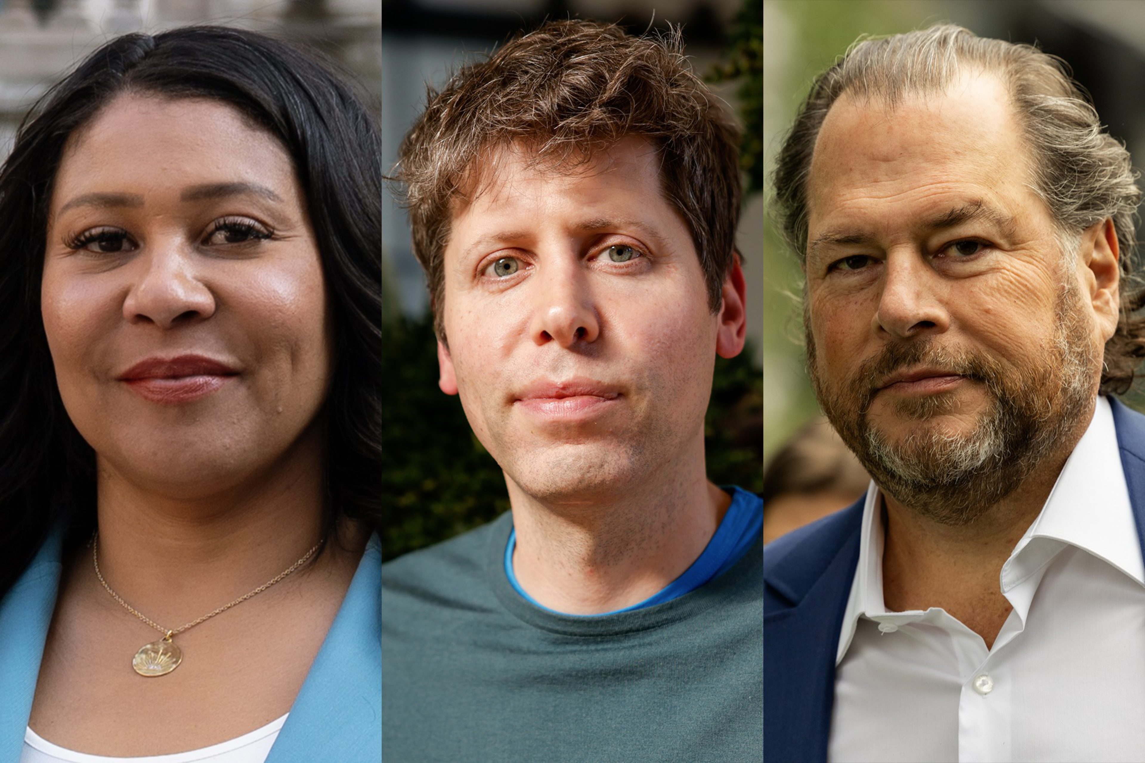 The image shows a composite of three close-up portraits: a woman with dark hair wearing a blue blazer, a man with short brown hair in a blue shirt, and a man with graying hair in a blue suit.