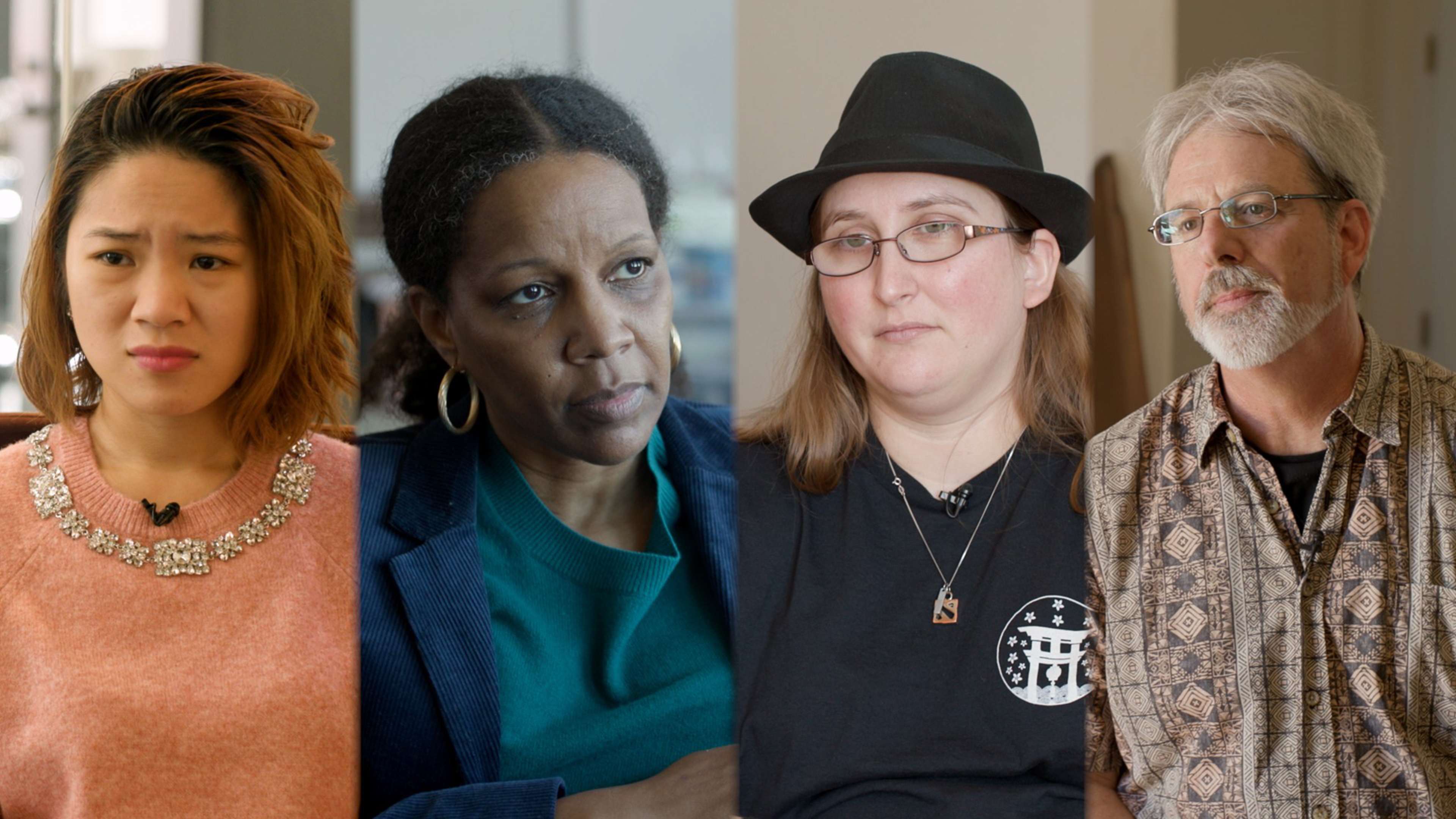 Four people of diverse backgrounds are seated, each with a serious or contemplative expression, in indoor settings with soft lighting.