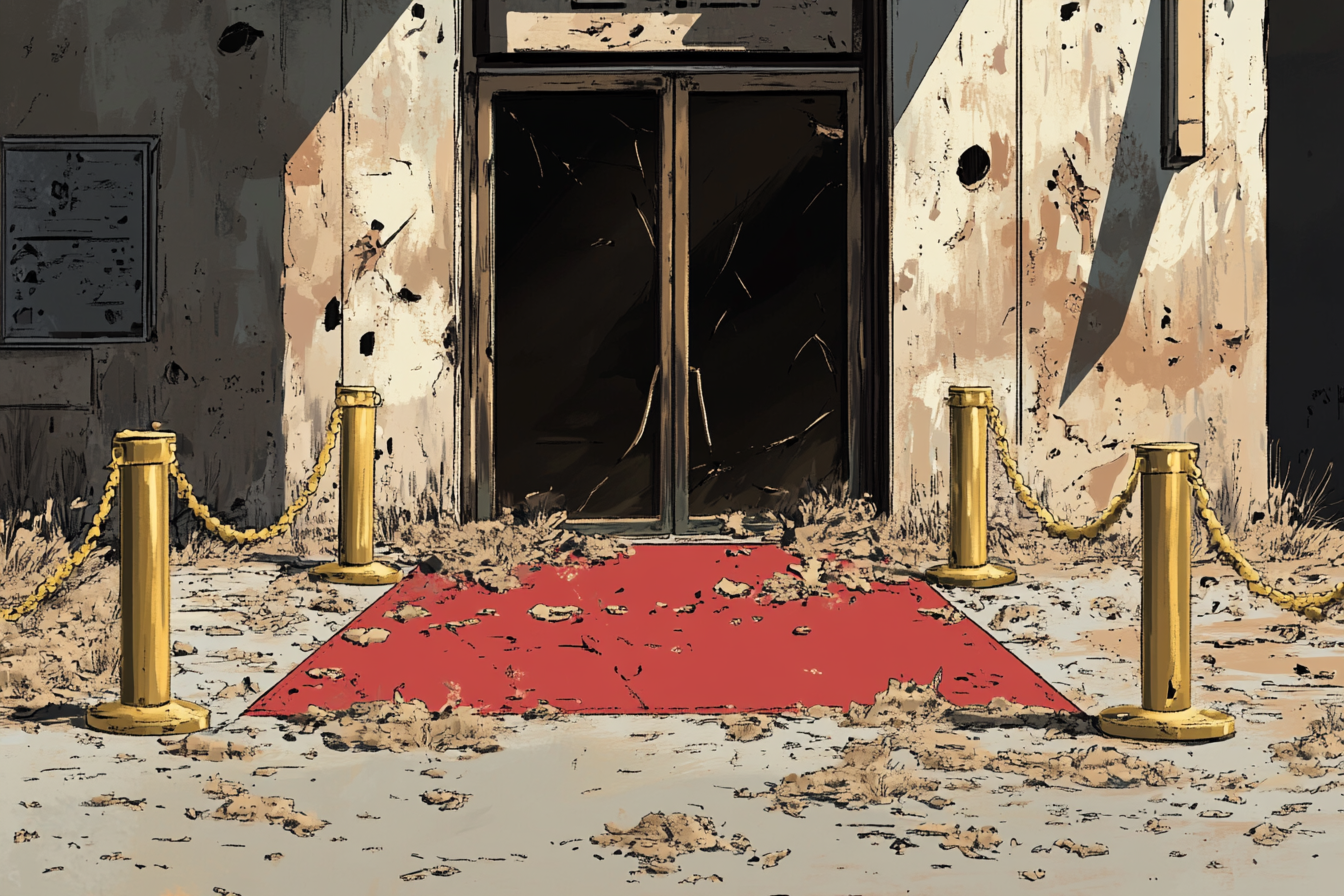 A red carpet leads to shattered glass doors of a worn, bullet-riddled building, flanked by gold stanchions and chains amidst scattered debris.