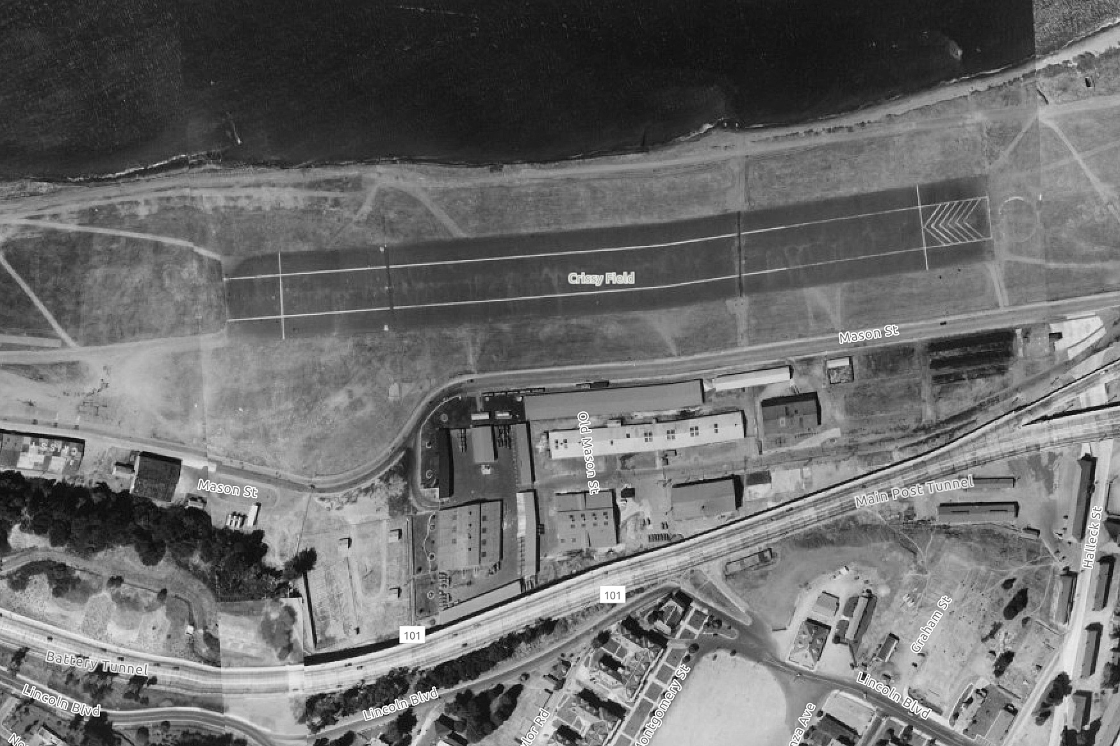 An aerial view of Crissy Airfield in San Francisco in 1938
