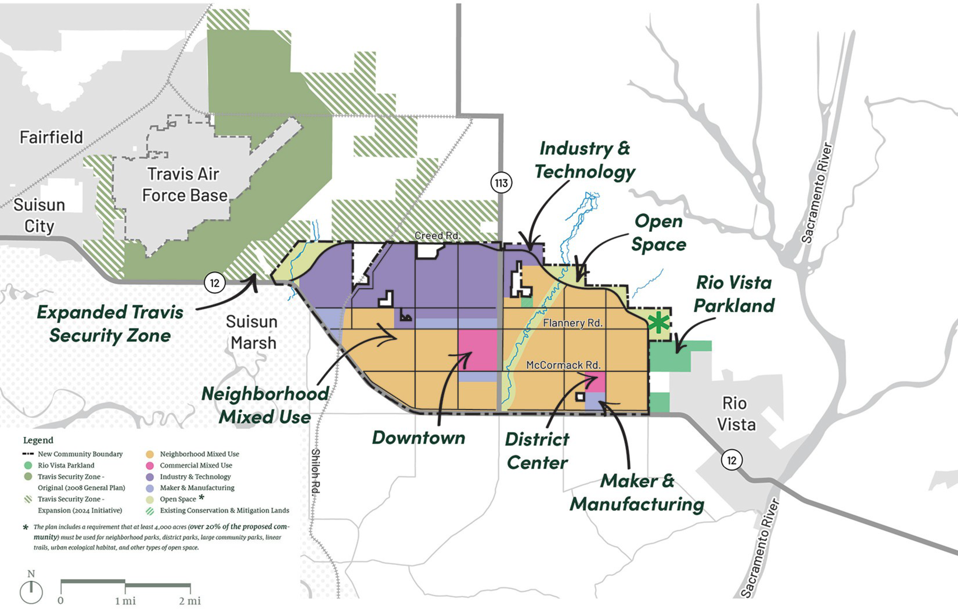 A color-coded map displaying different zones for a community near Travis Air Force Base, with keys for land uses and features.