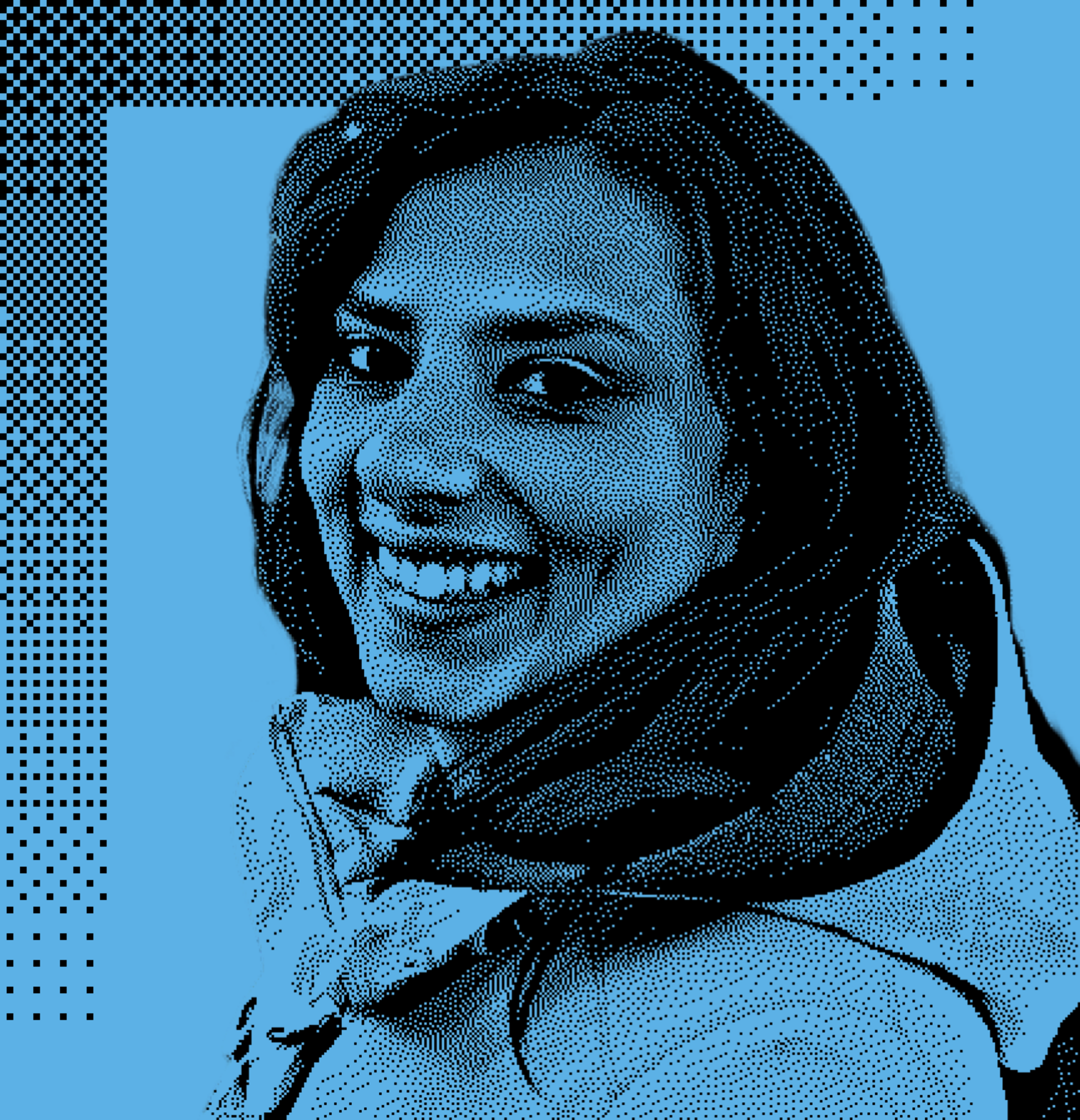 The image features a woman in a dotted blue and black pop art style, smiling. Her long hair is down, and she is wearing a scarf, set against a textured background.
