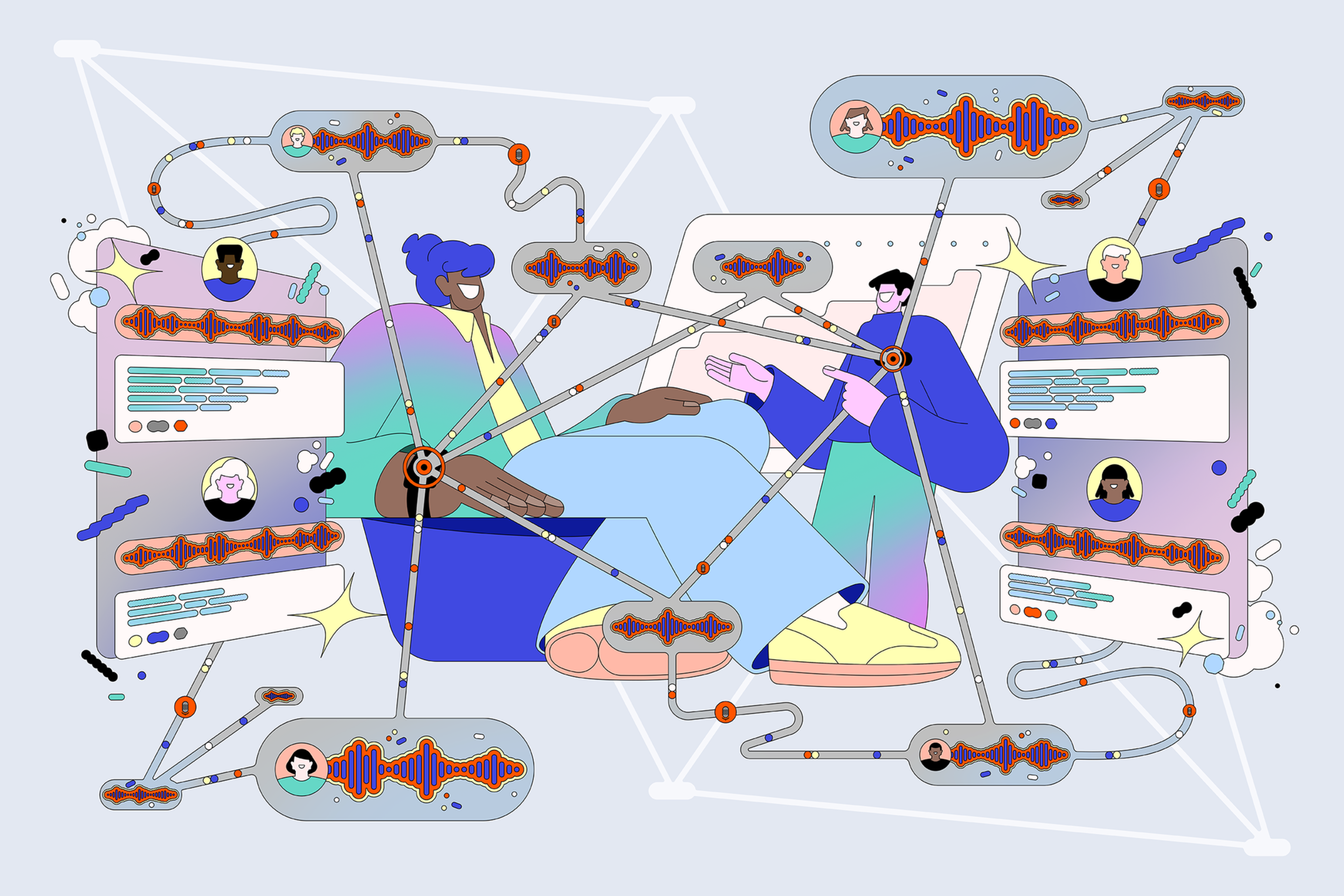 Two people sitting and interacting are surrounded by illustrated sound waveforms, connected profile icons, and text boxes, symbolizing digital communication.