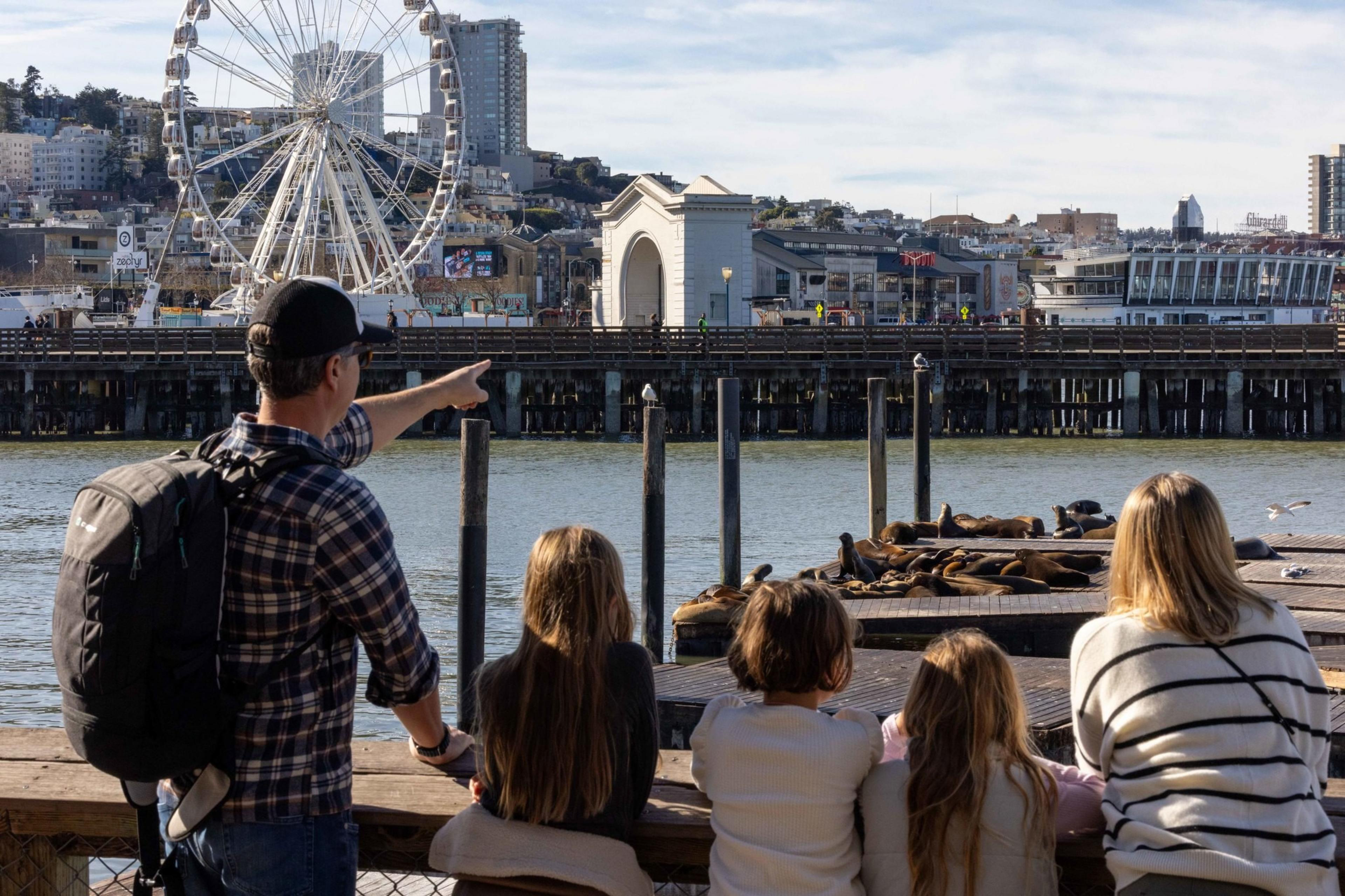 A group of people, including a man pointing, watches sea lions lounging on a pier. In the background, a Ferris wheel and city buildings are visible.
