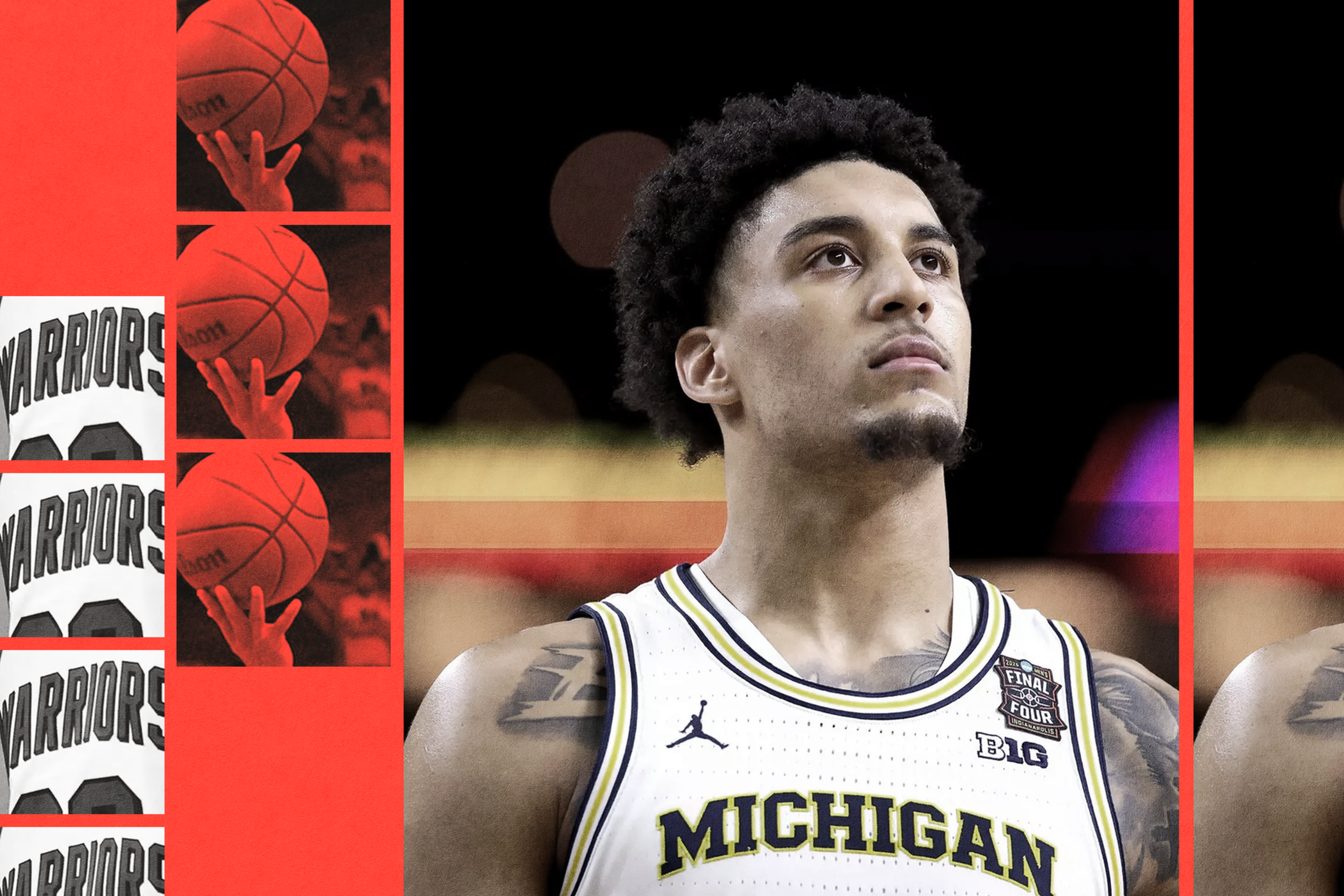 A basketball player in a Michigan jersey looks focused, surrounded by images of a basketball and a Warriors jersey number 30 on a red background.