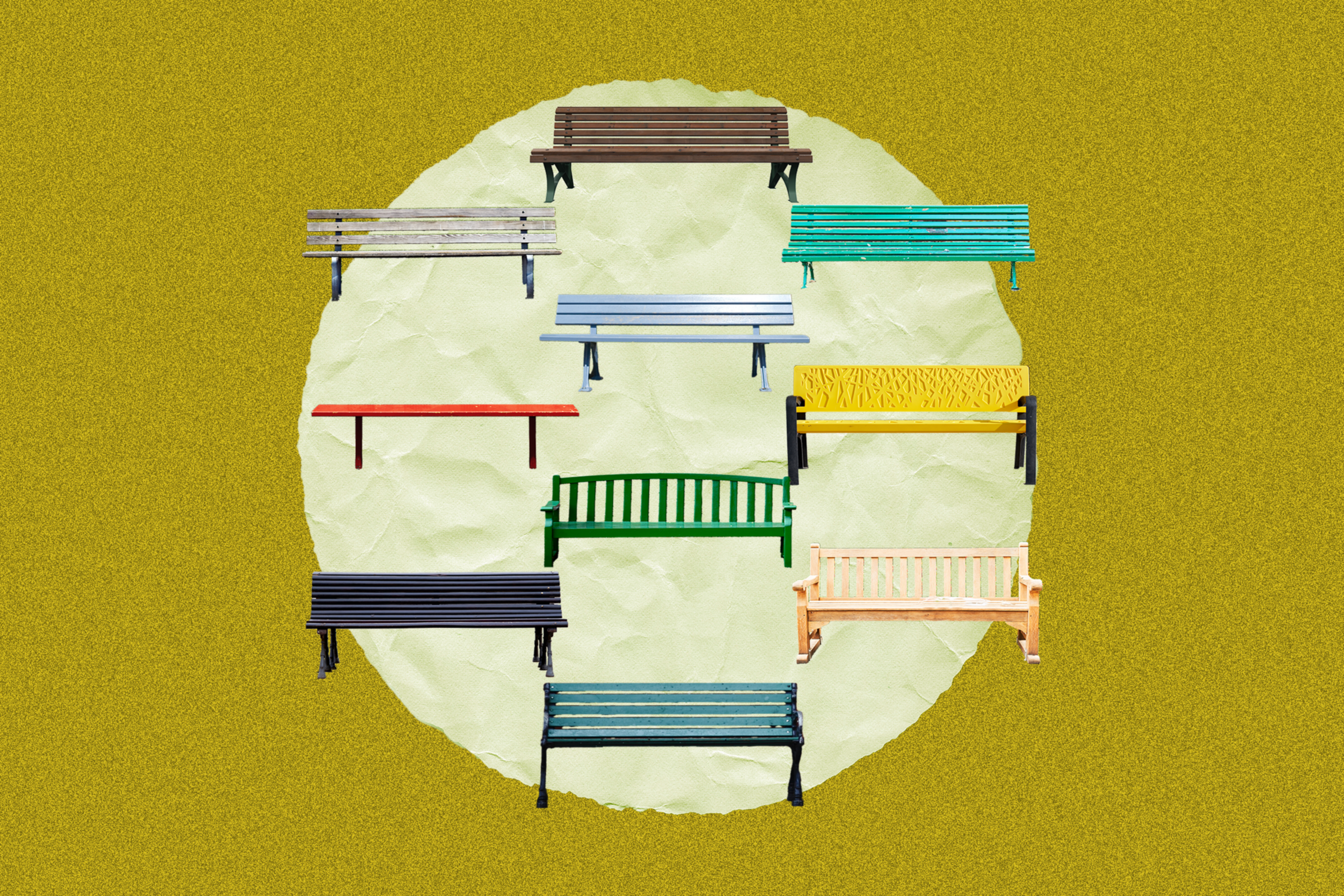 A photo collage of different park benches in multiple colors.