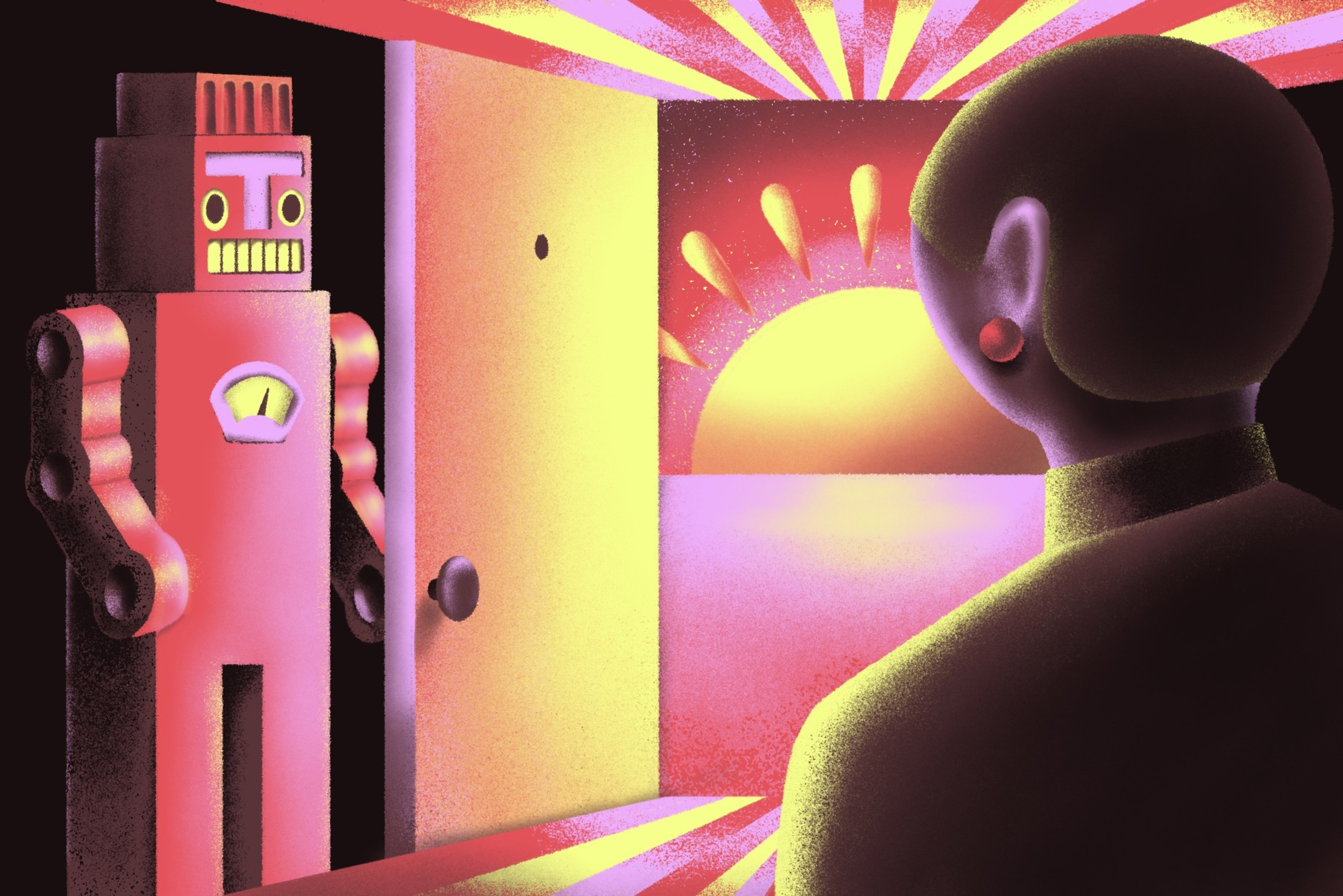 A person with a round head and red earrings faces an open door, revealing a robot and a bright, glowing sunrise outside.
