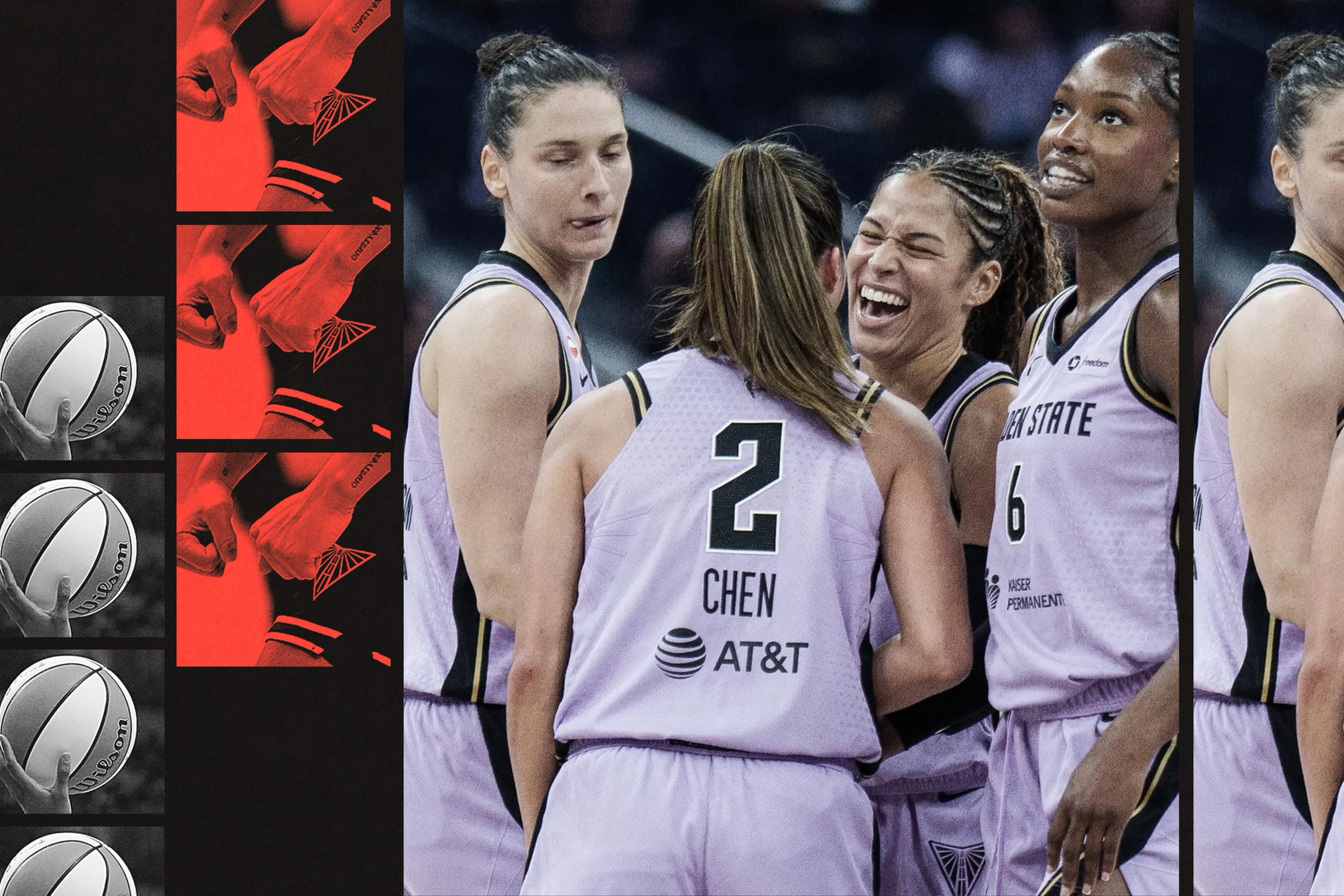 Four female basketball players in white and black jerseys gather closely, with one smiling widely, sharing a moment during a game.