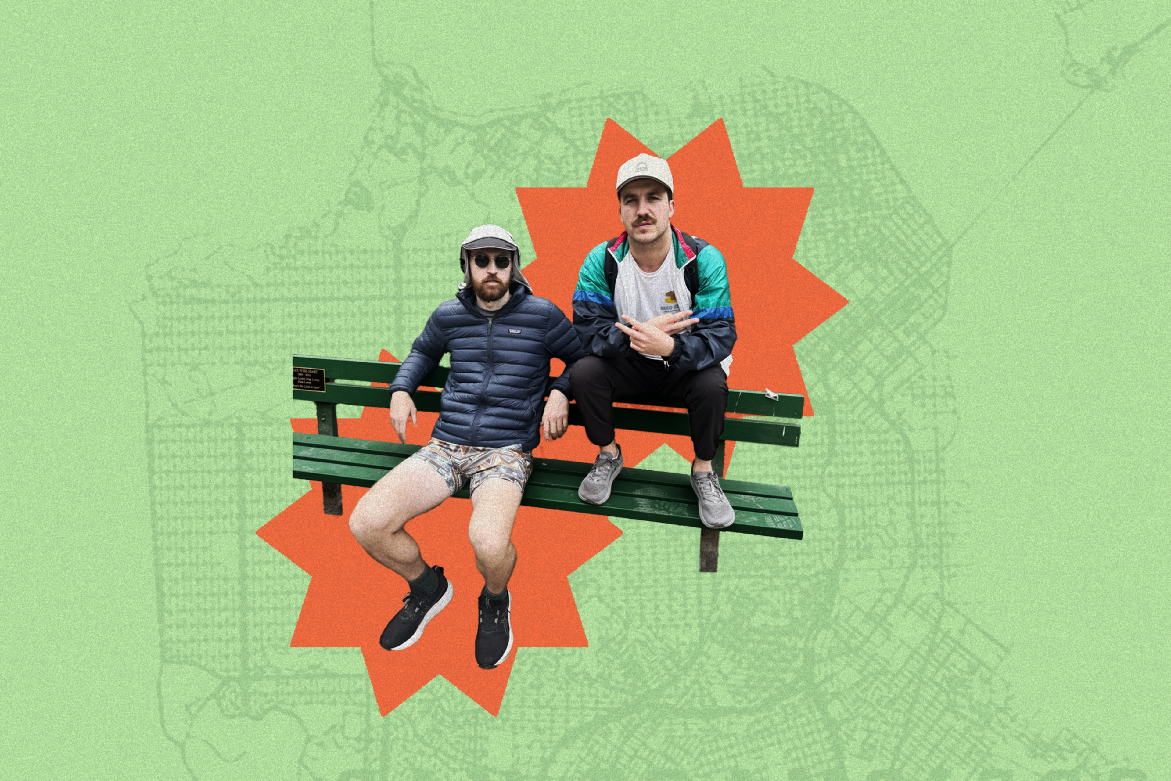 Two men are sitting on a green bench against a light green background with an orange starburst. One wears a puffer jacket and shorts; the other, a windbreaker.