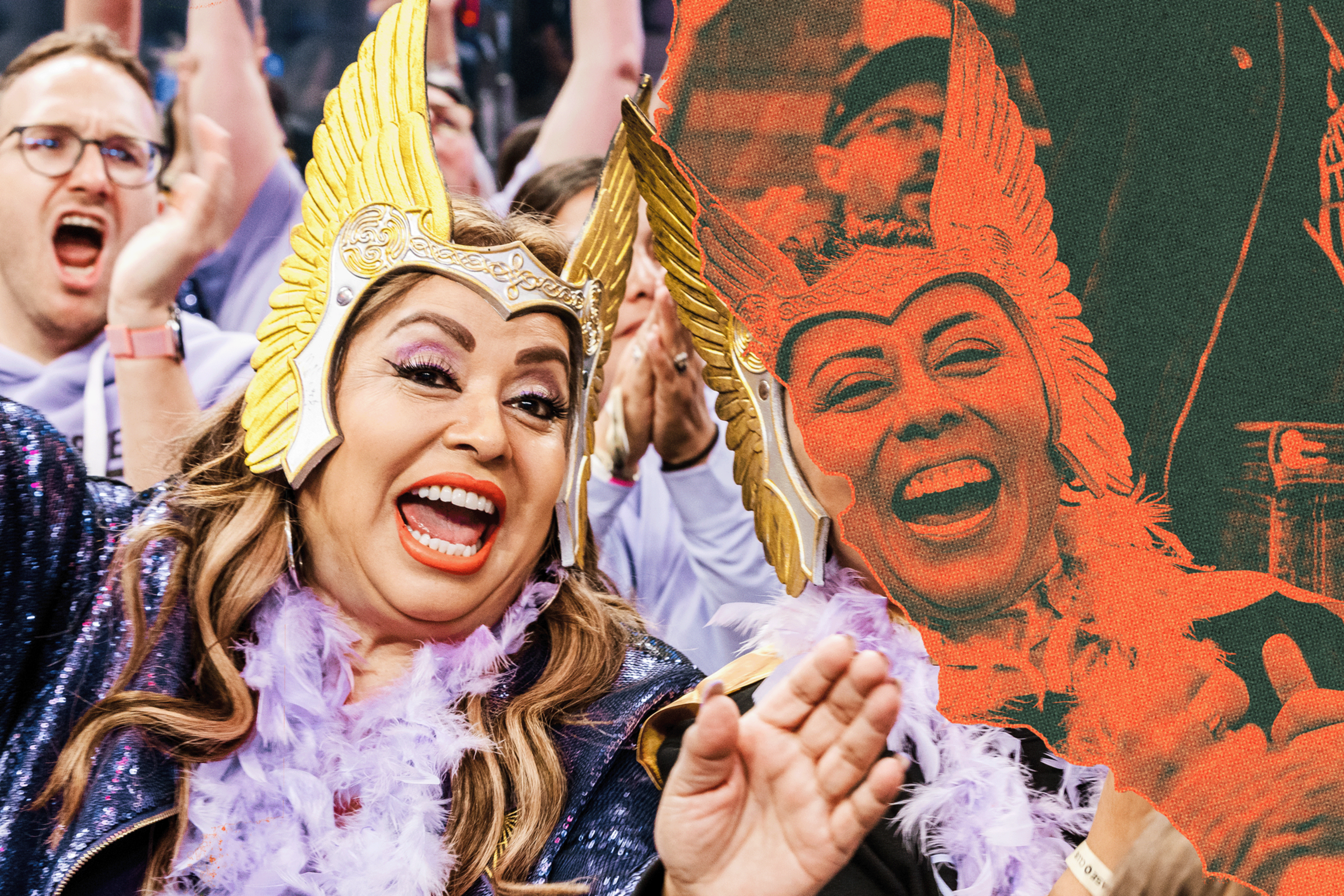 A woman wearing a gold winged helmet and purple feather boa is cheering, holding a large cutout of her face with the same helmet and joyful expression.