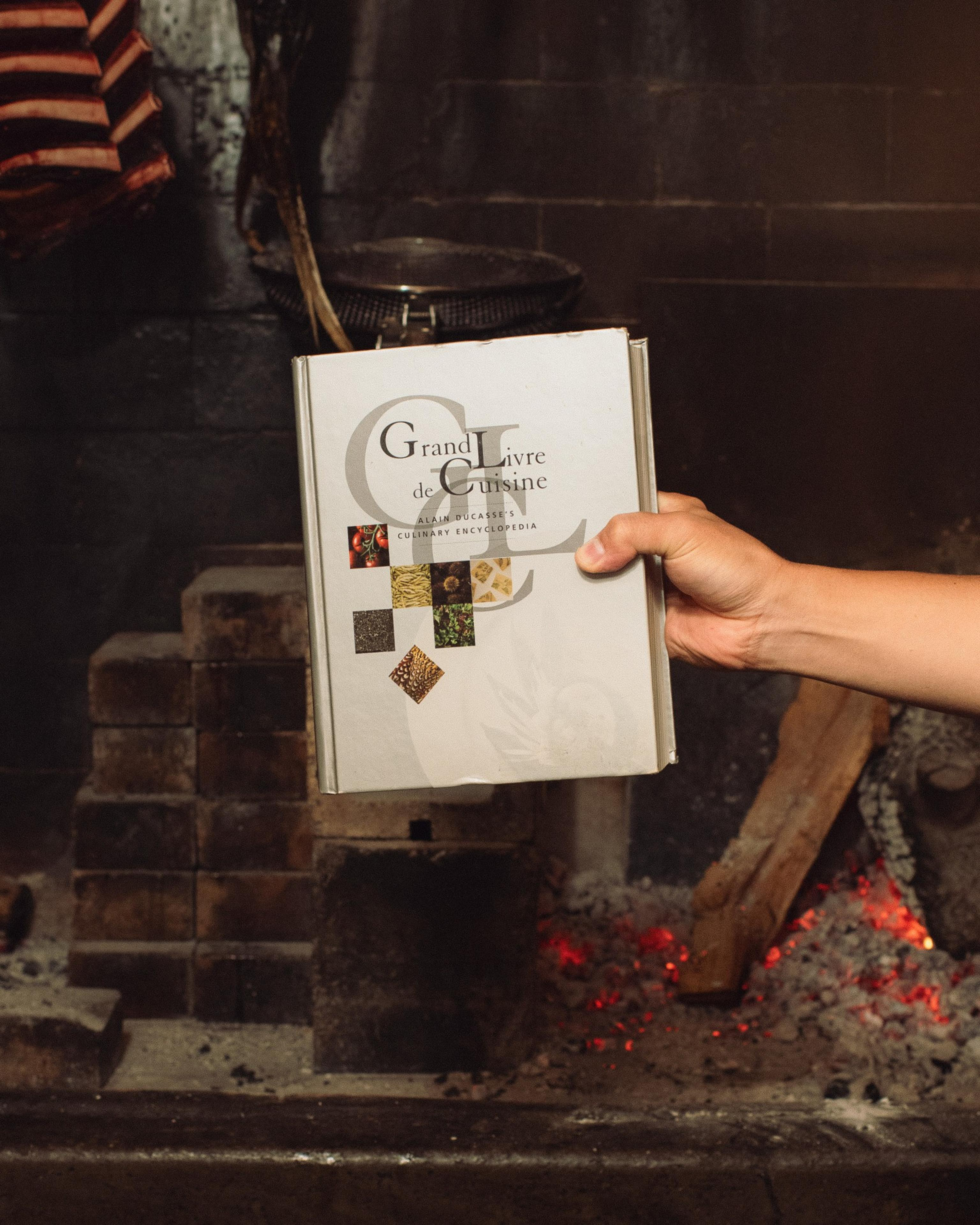 A hand holds a cookbook titled "Grand Livre de Cuisine" in front of a brick fireplace with glowing embers and a cooking pan above the fire.