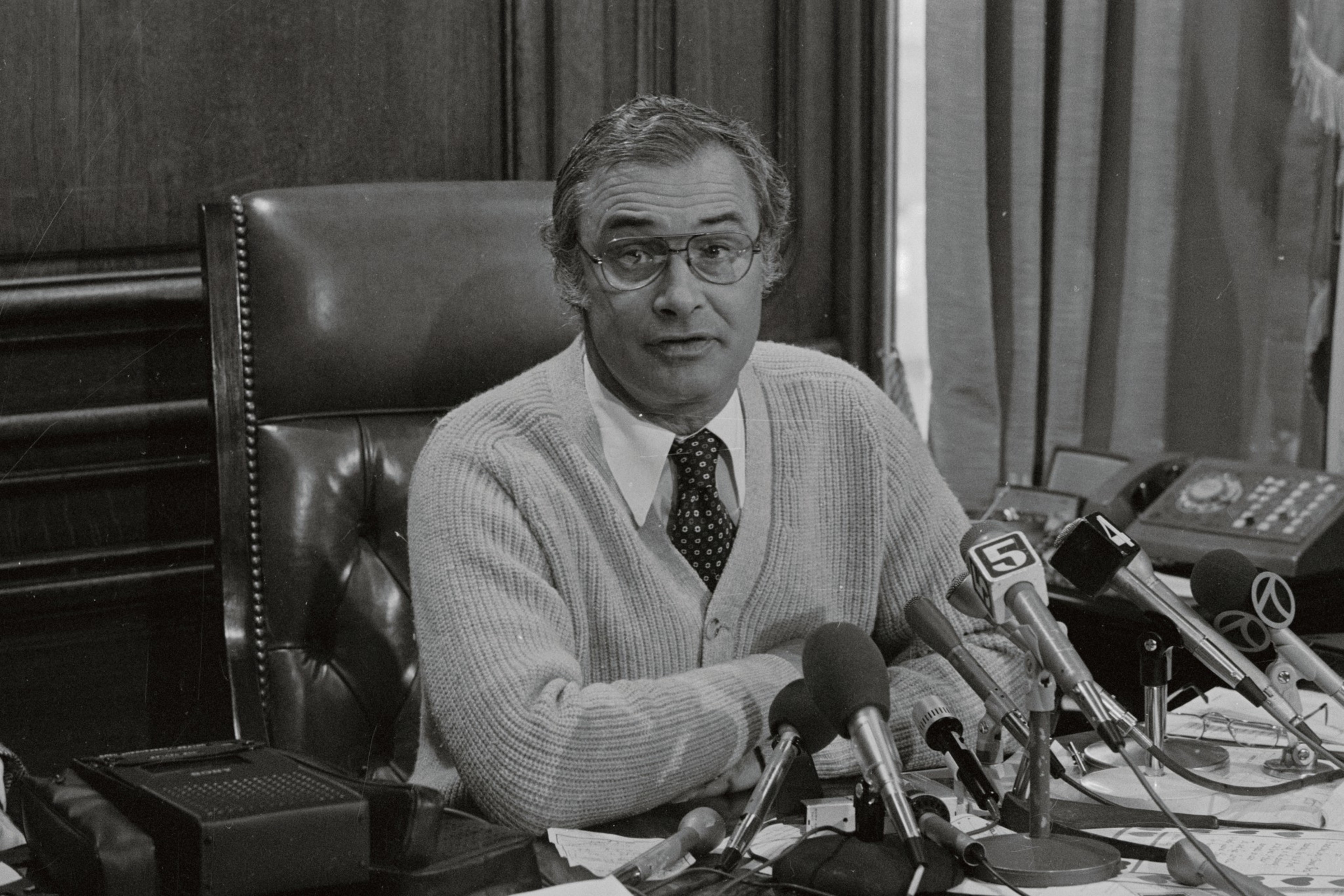 Mayor George Moscone speaks during a press conference.