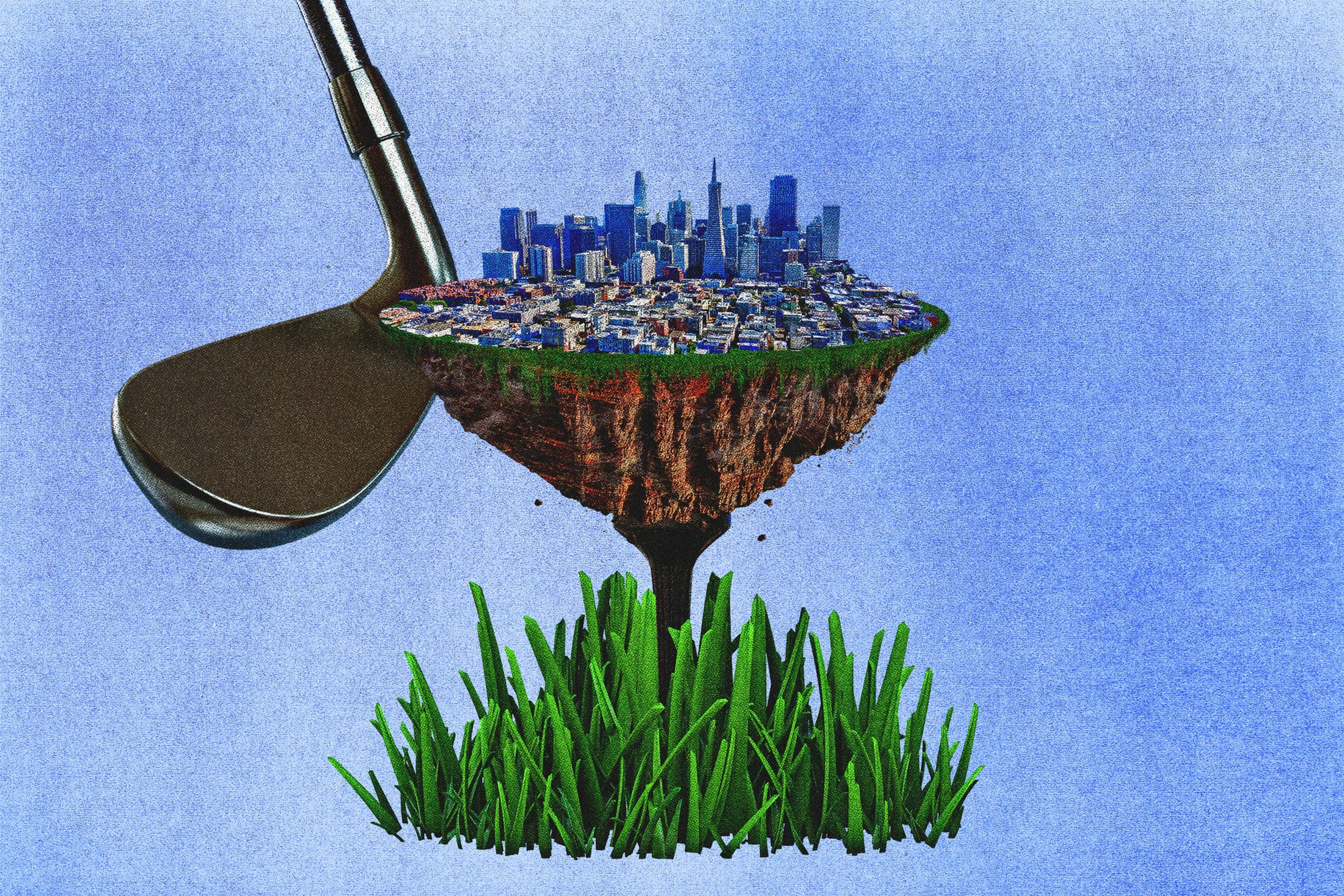 A floating cityscape on a piece of land is placed on a golf tee, with a golf club about to strike it, all against a blue background.