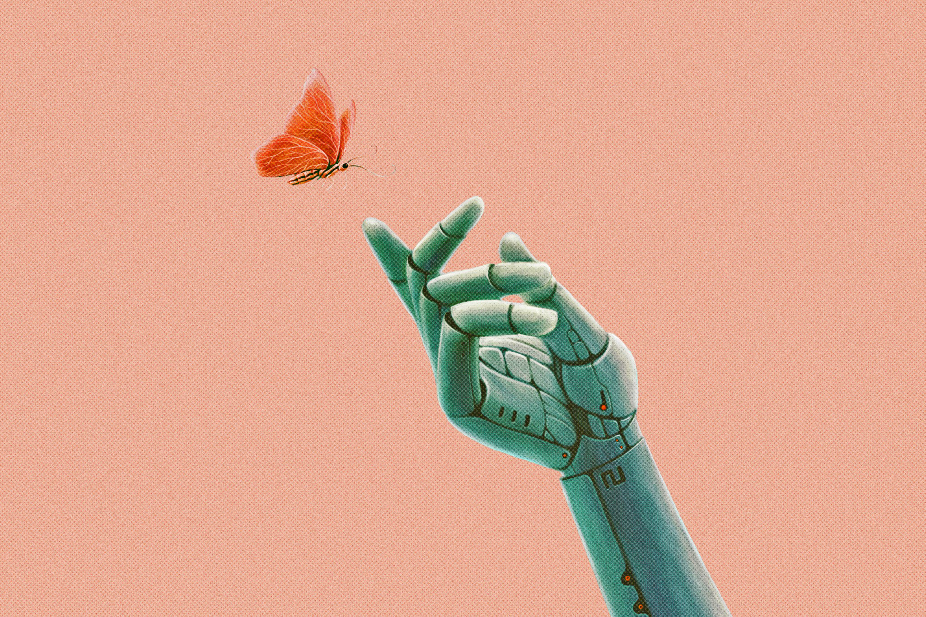 A robot hand reaching out to a butterfly