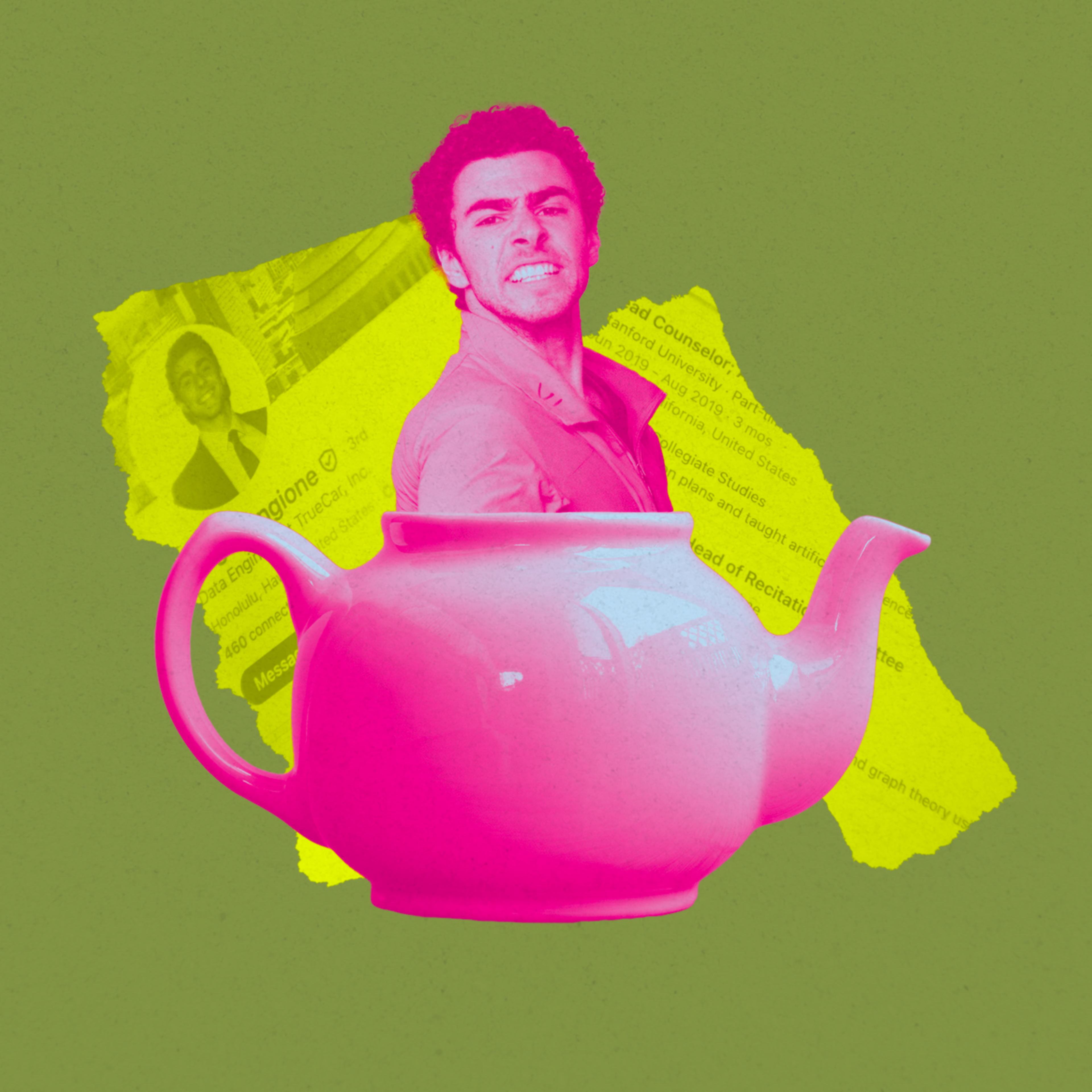 A person is pictured overlaid inside a pink teapot, with yellow and green torn paper scraps in the background on a plain green backdrop.
