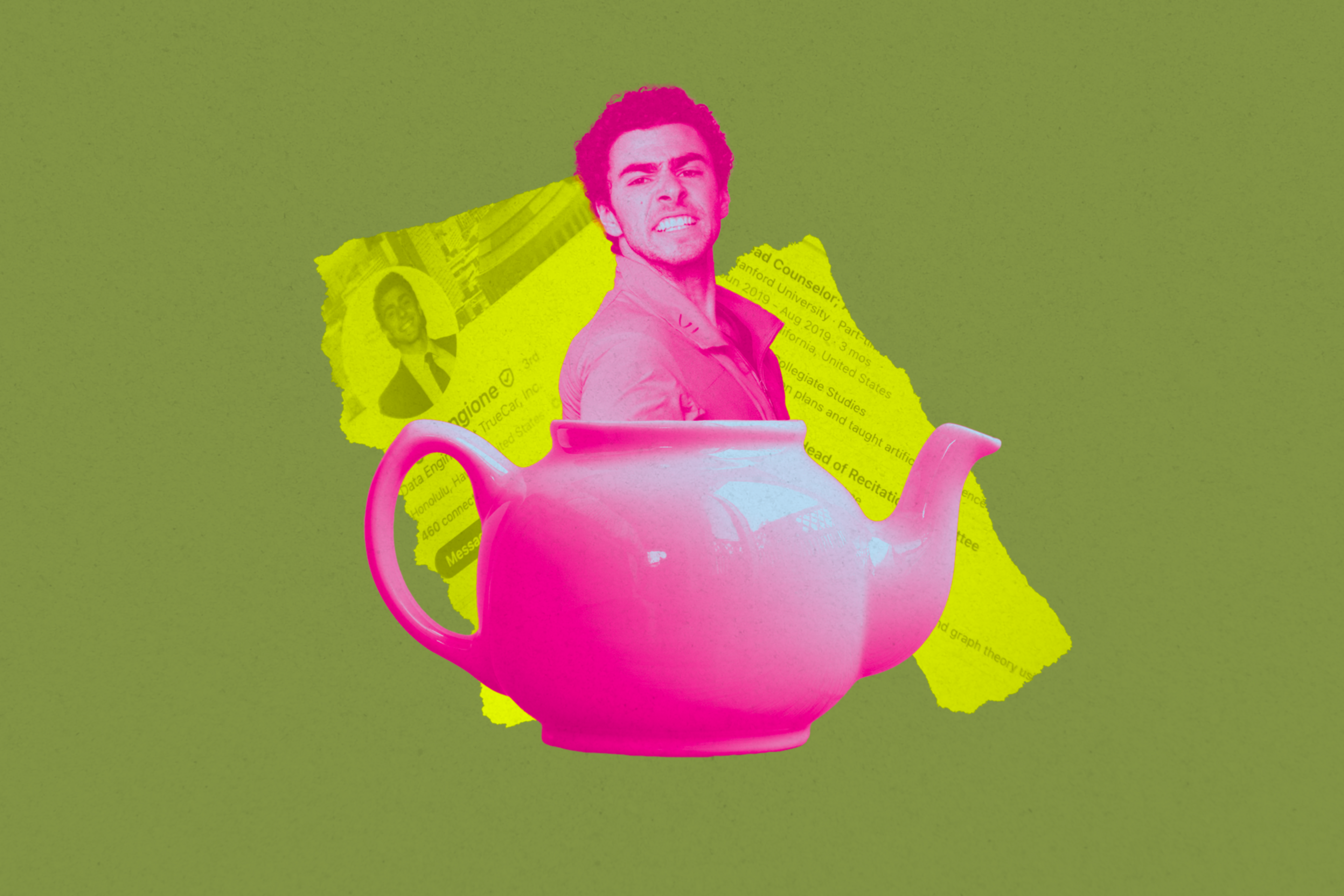 A person is pictured overlaid inside a pink teapot, with yellow and green torn paper scraps in the background on a plain green backdrop.