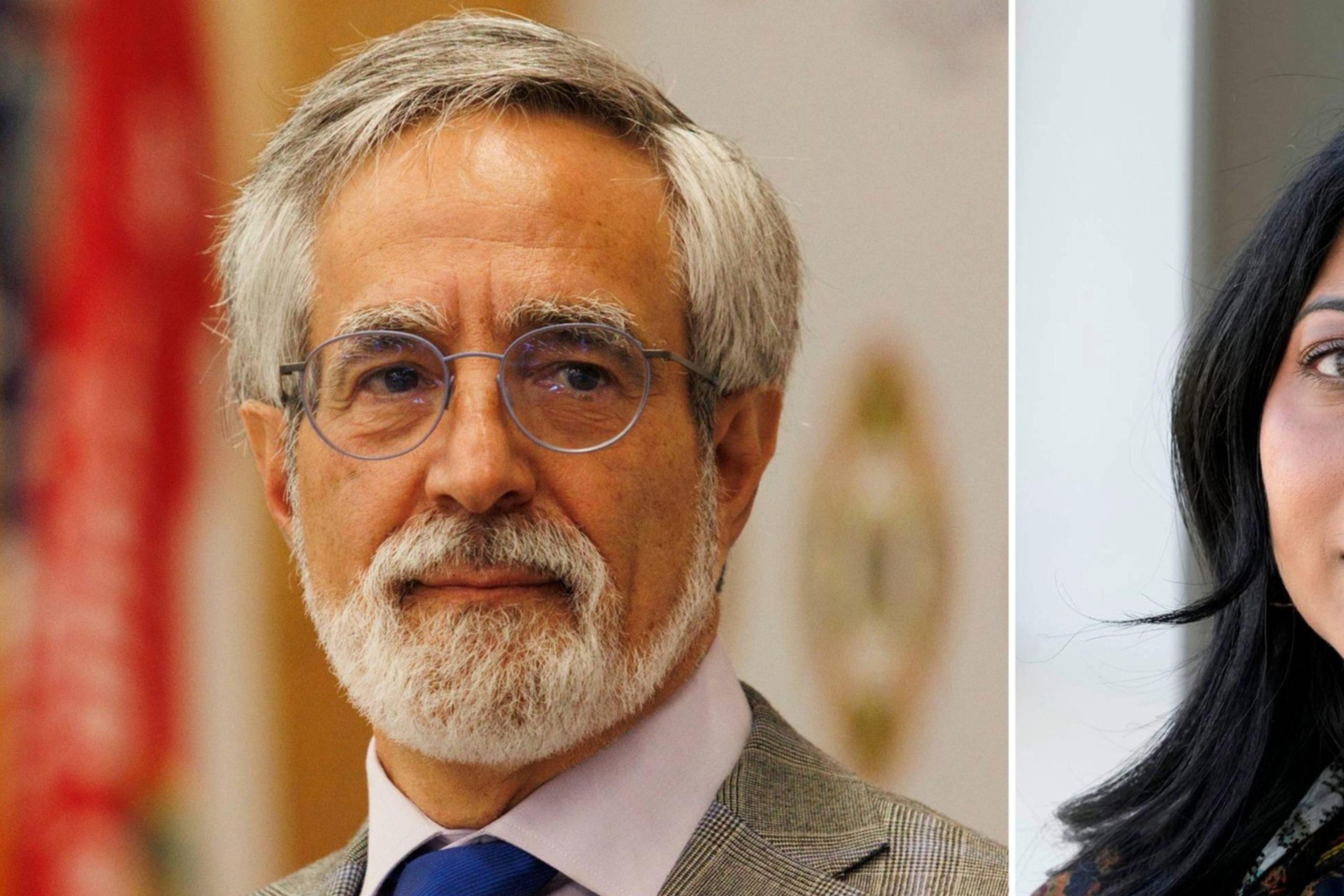 The image shows two people side-by-side. On the left, an older man with glasses and a beard wears a suit and tie. On the right, a woman with long dark hair wears a patterned blouse.