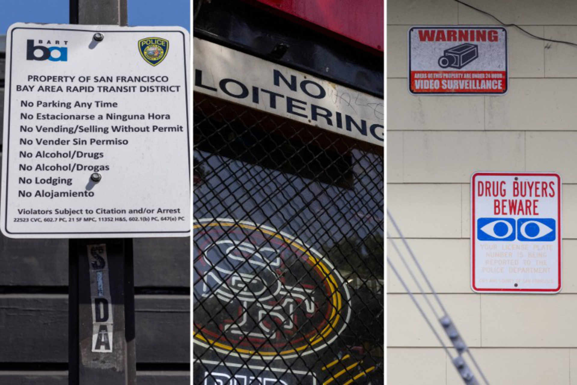 The image shows three signs: one prohibits parking and other activities, another bans loitering, and the third warns of video surveillance and reports drug buyers.