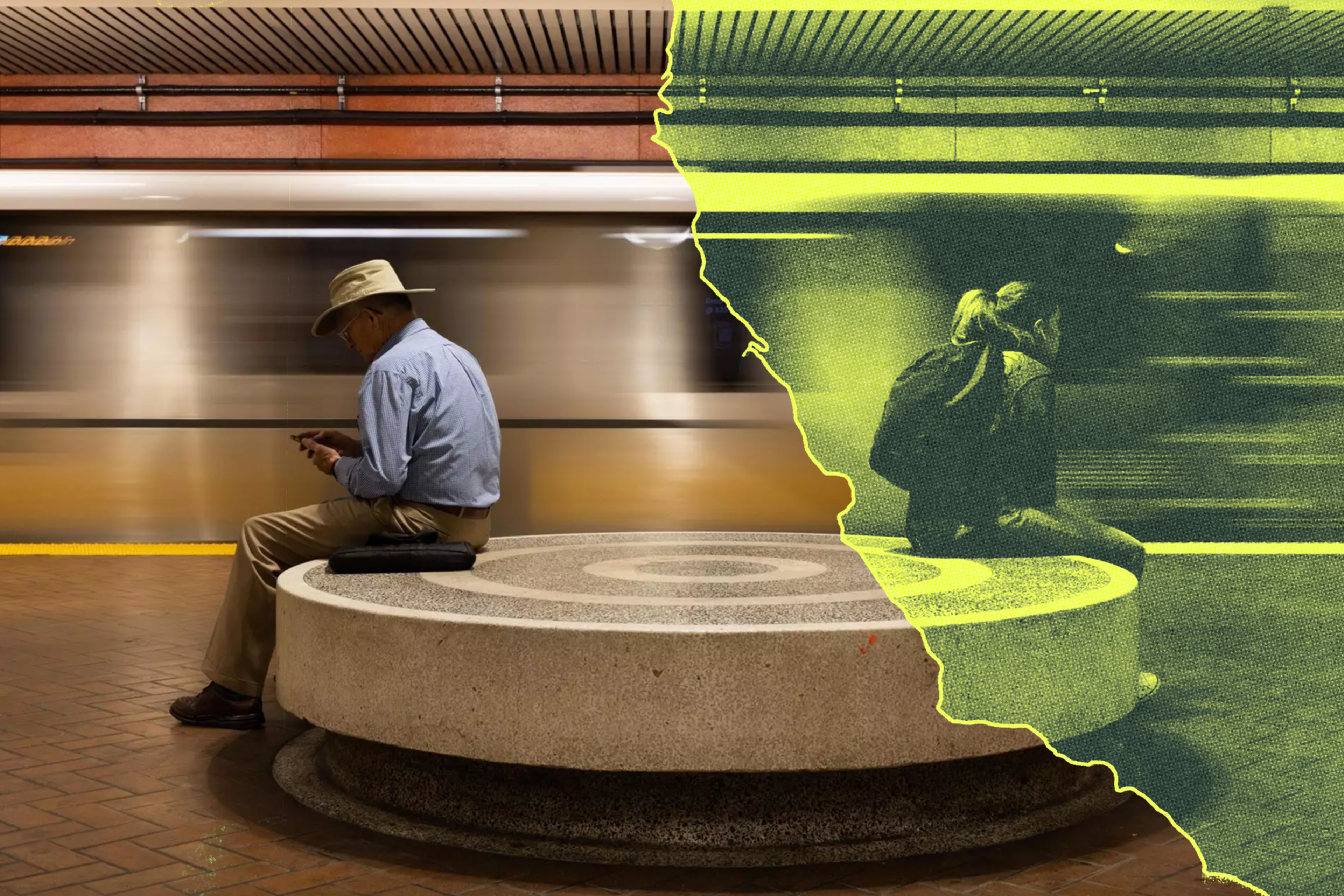 A man in a hat and blue shirt sits on a round concrete bench at a subway station while a train passes by rapidly behind him.