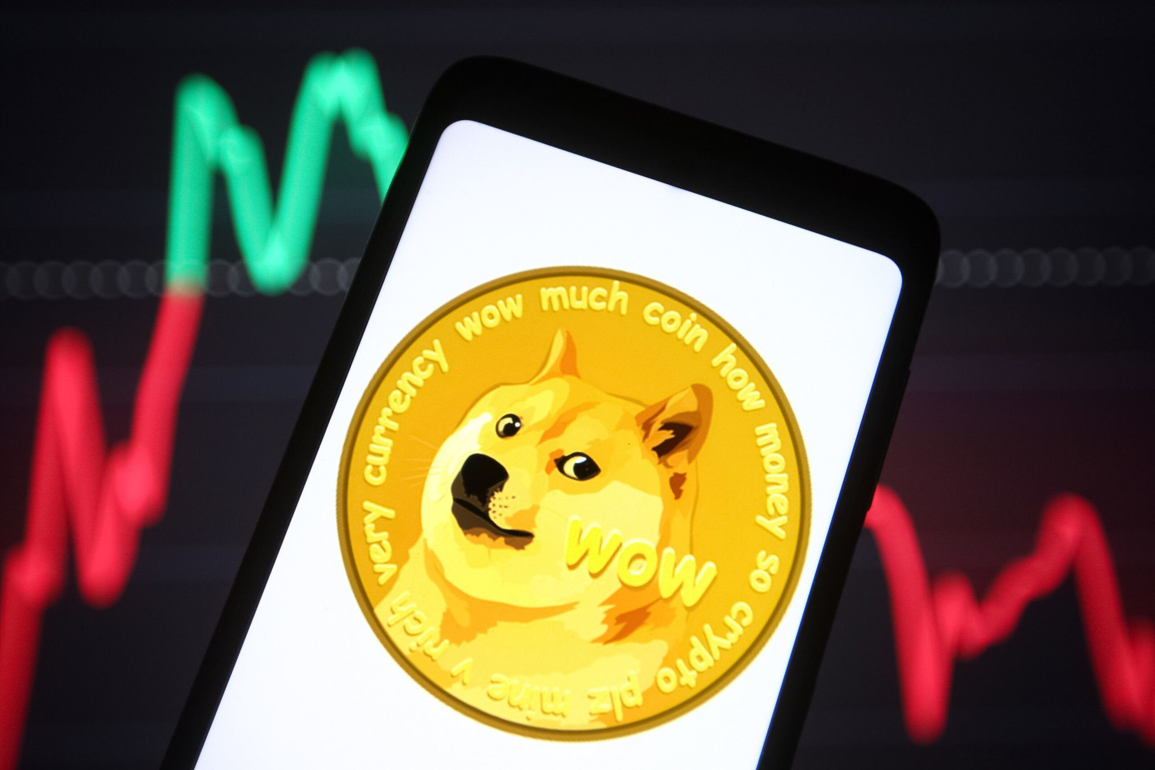A smartphone displays a digital image of a Dogecoin with the Shiba Inu dog and humorous text around the coin; a fluctuating stock chart is blurred in the background.