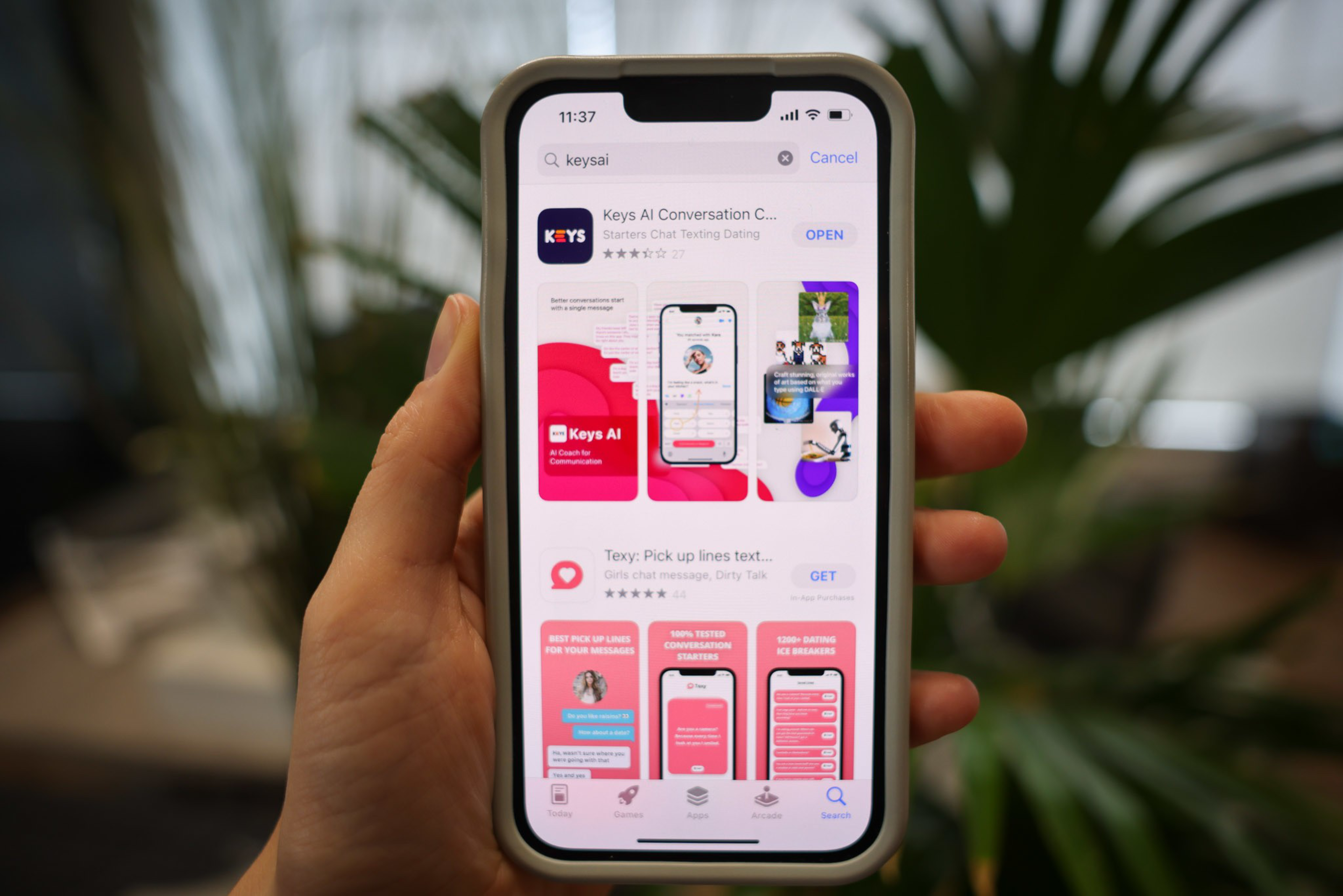 A hand holds a smartphone displaying an app store page with apps related to AI conversation starters and pick up lines.