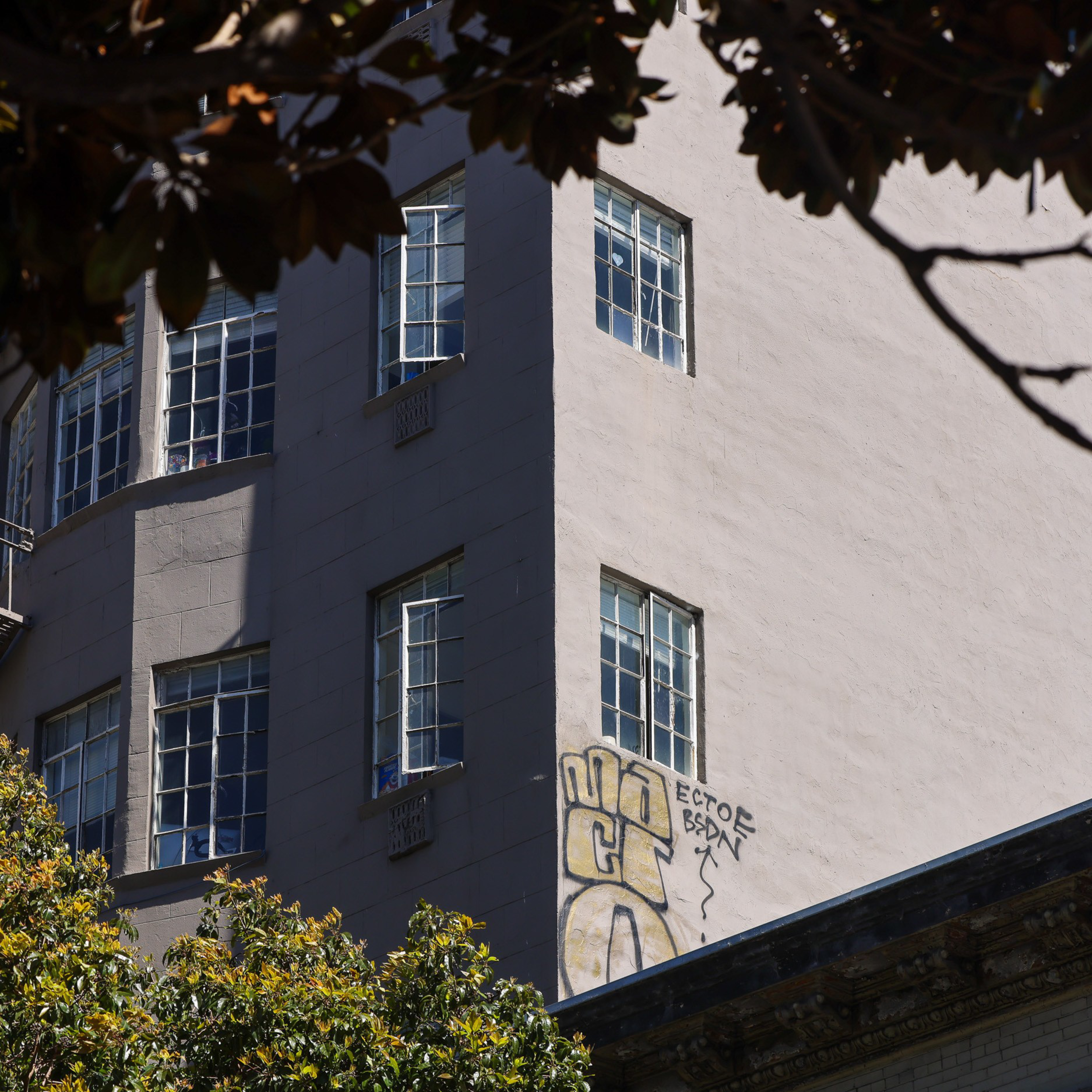 The image shows the corner of a multi-story building with many windows. The exterior wall has graffiti featuring a stylized fist and some illegible text. Trees partly frame the view.