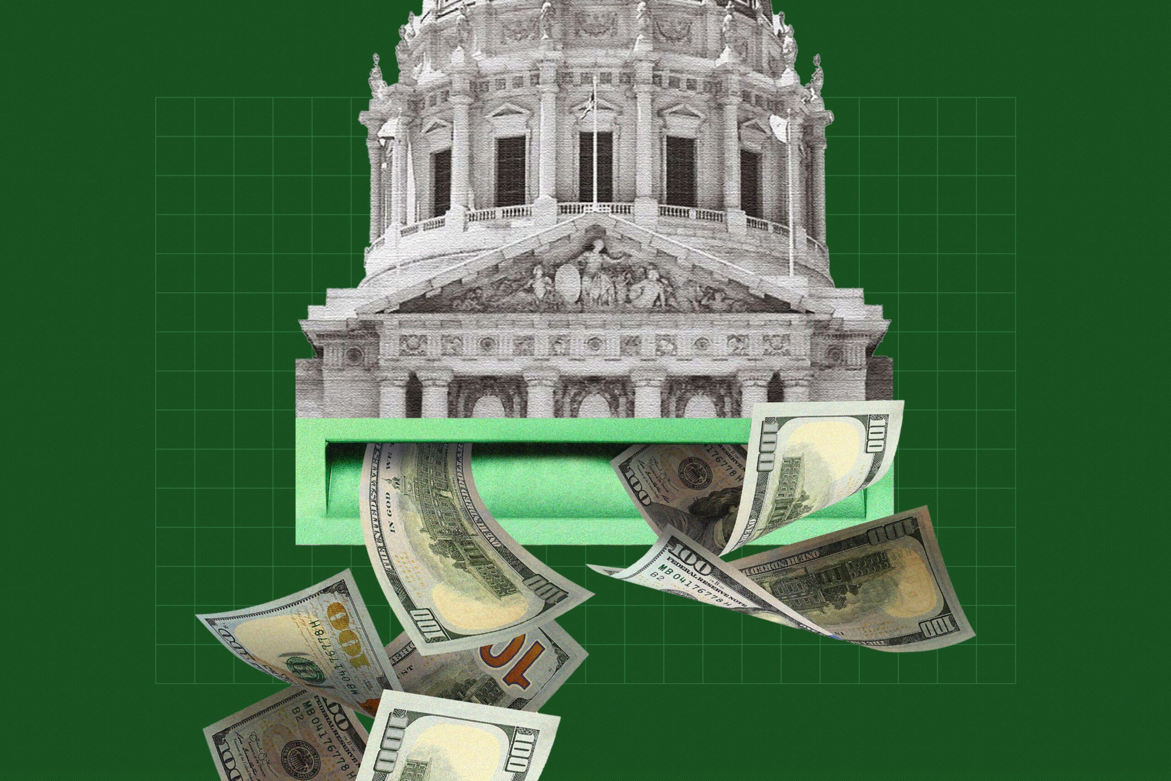 A classical government building's facade with a mail slot, dispersing multiple hundred-dollar bills against a green grid background.